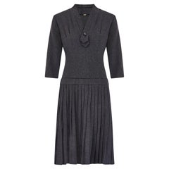 1950s Mottled Grey Wool Dress with Pleated Drop Waist Skirt