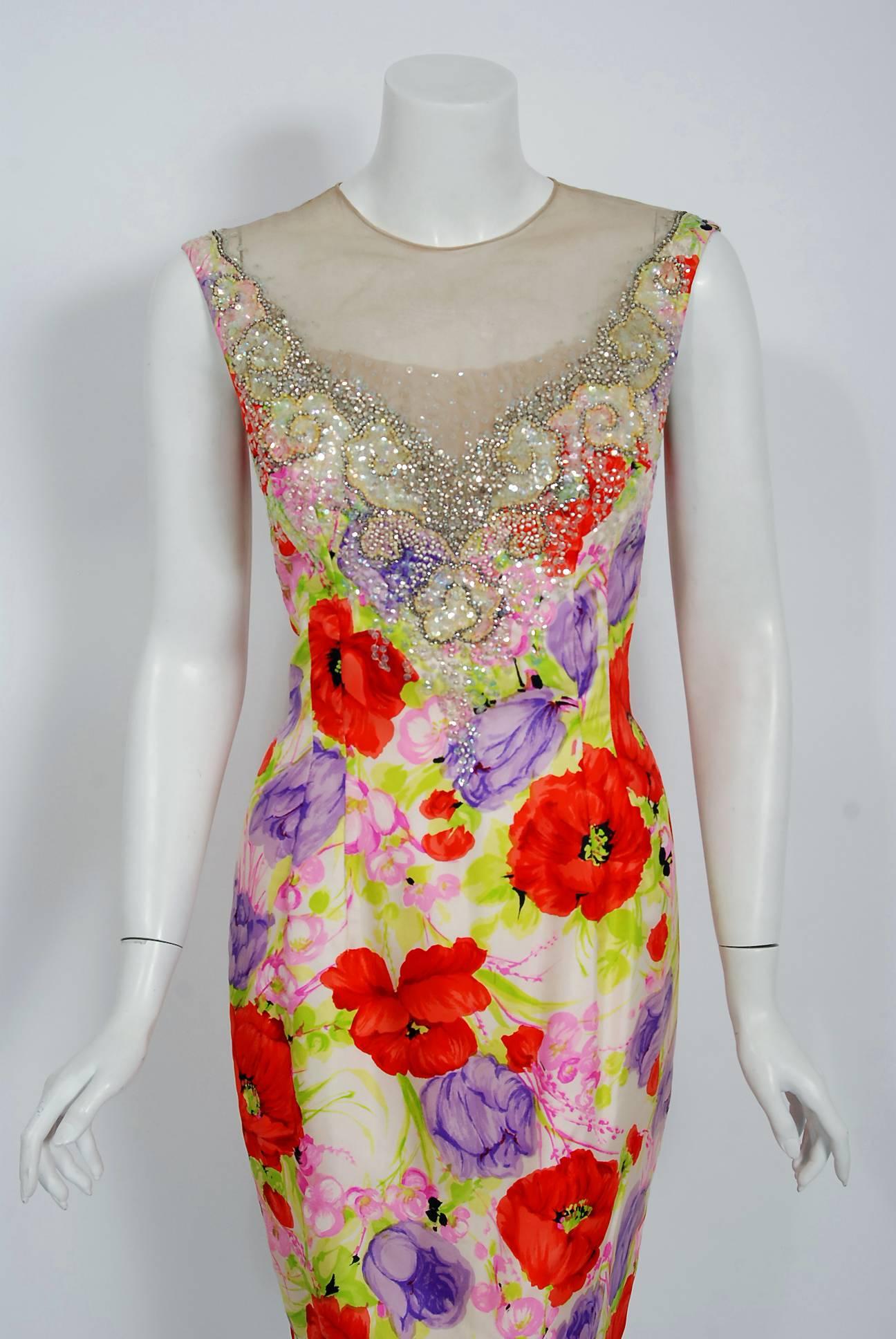 Beige 1950's Mr. Blackwell Colorful Floral Print Silk Beaded Illusion Cocktail Dress 