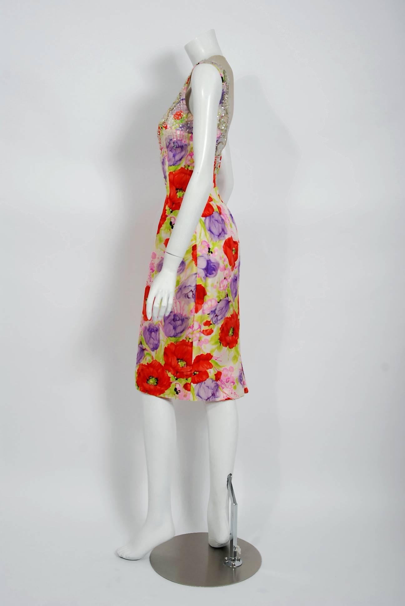 Women's 1950's Mr. Blackwell Colorful Floral Print Silk Beaded Illusion Cocktail Dress 