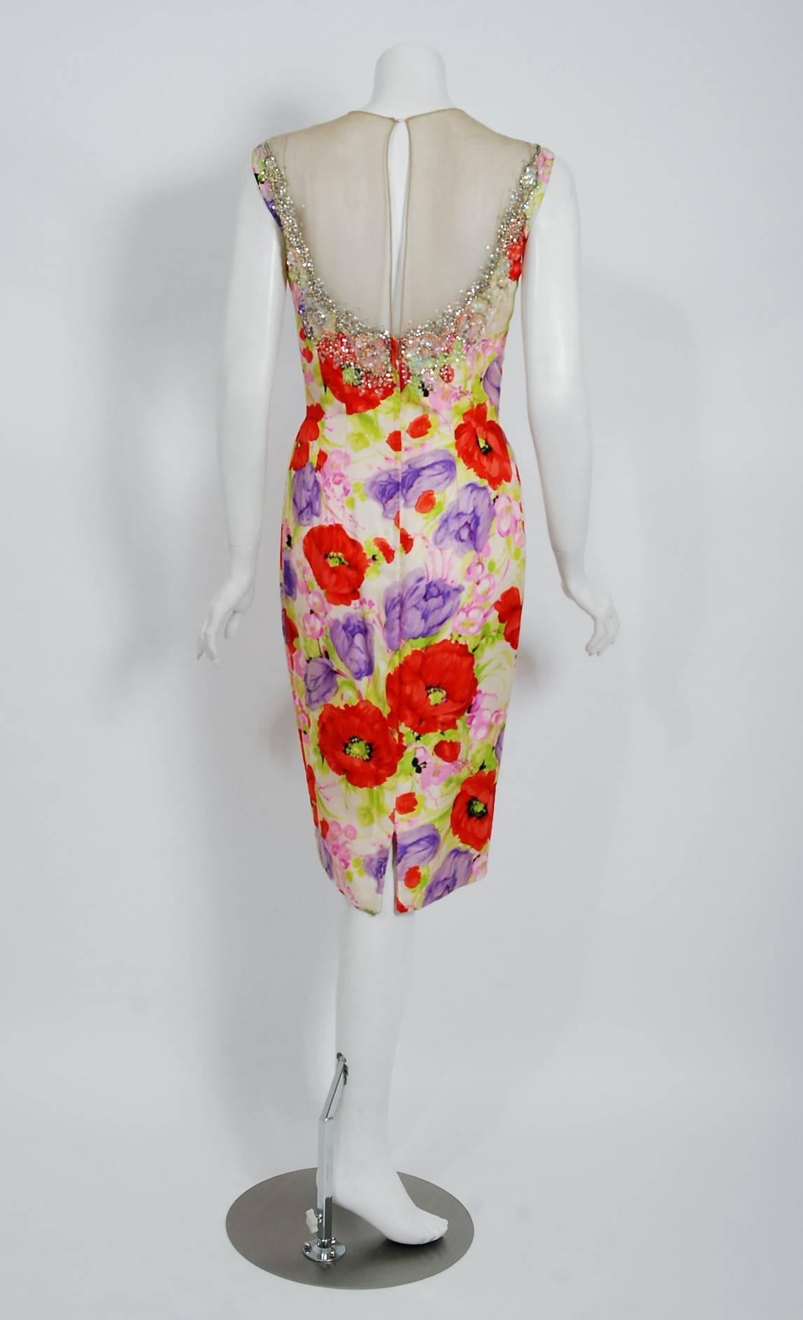 1950's Mr. Blackwell Colorful Floral Print Silk Beaded Illusion Cocktail Dress  1