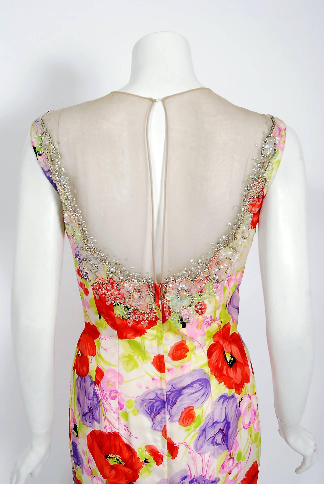 1950's Mr. Blackwell Colorful Floral Print Silk Beaded Illusion Cocktail Dress  2