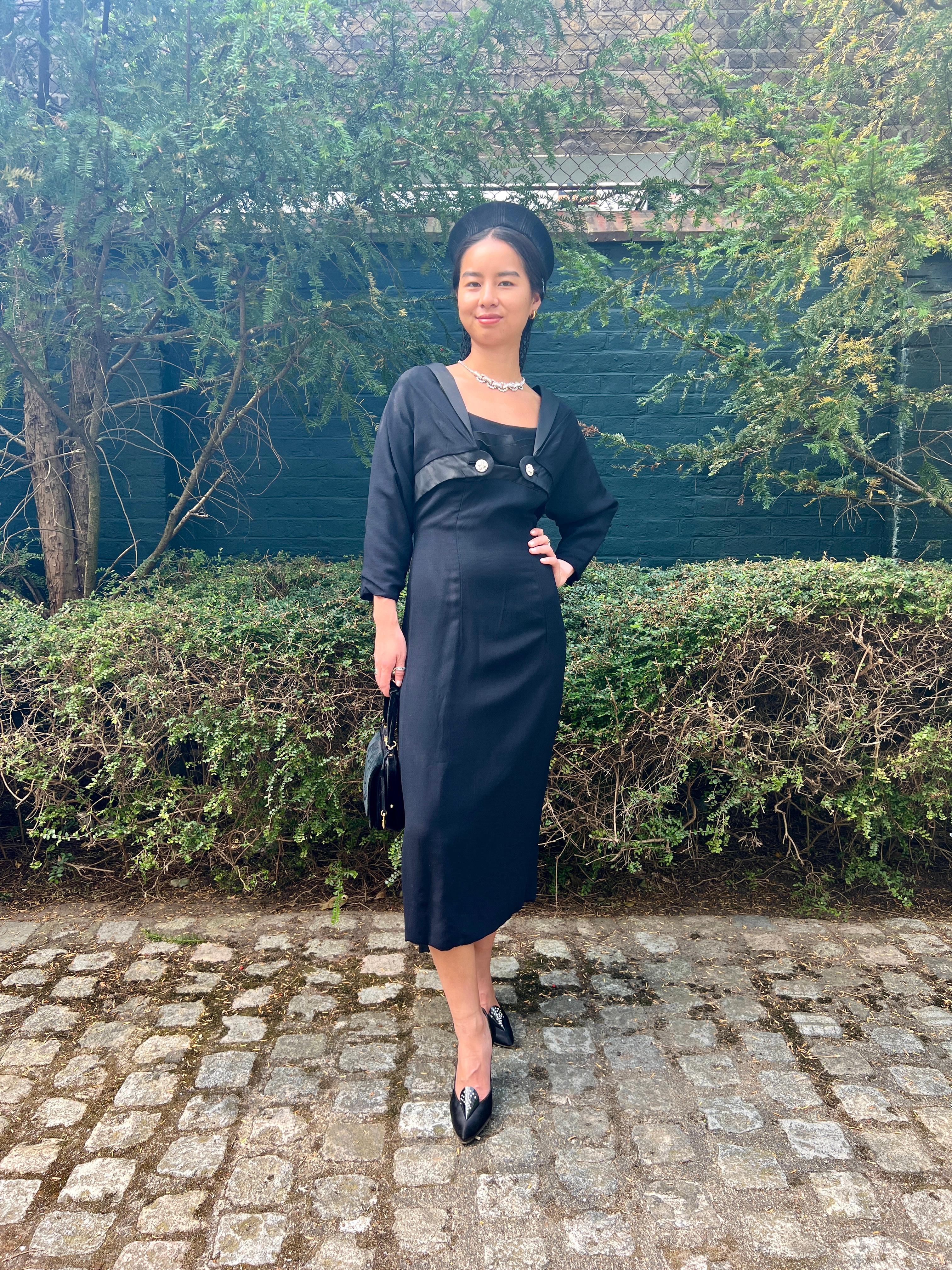 1950s Mr John Couture Black Crepe Shift Dress and Jacket For Sale 3
