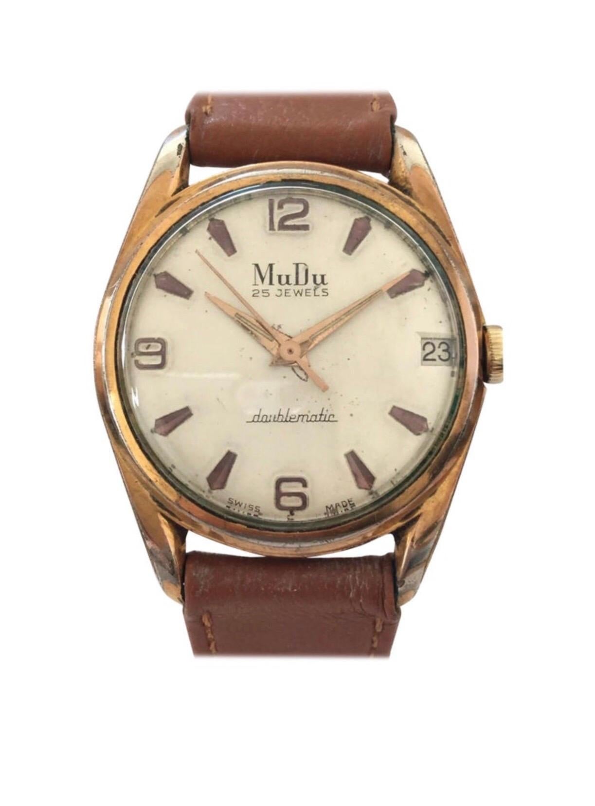 1950’s MuDu 25 Jewels Doublematic Gold Plated Vintage Wristwatch For Sale 4