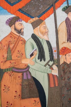 Tela pintada de la India mogol de los años 50 con escena cortesana y halcón