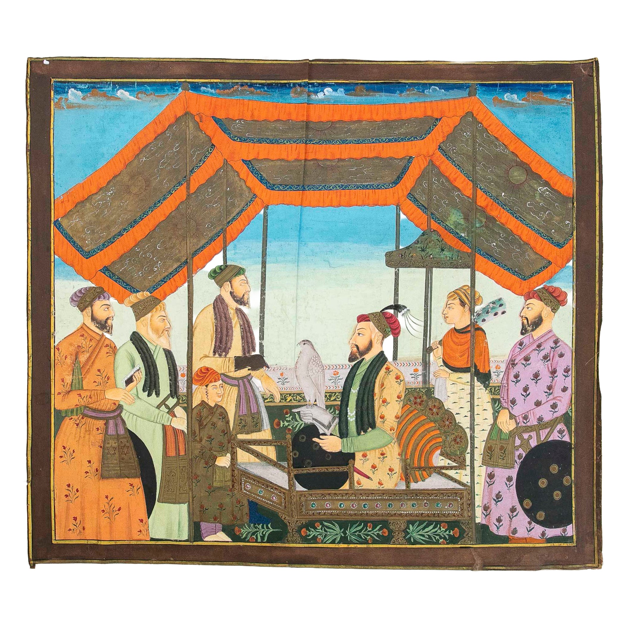 1950s Mughal Indian Painted Cloth with Courtly Scene and Falcon For Sale