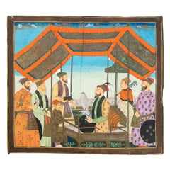 Tela pintada de la India mogol de los años 50 con escena cortesana y halcón