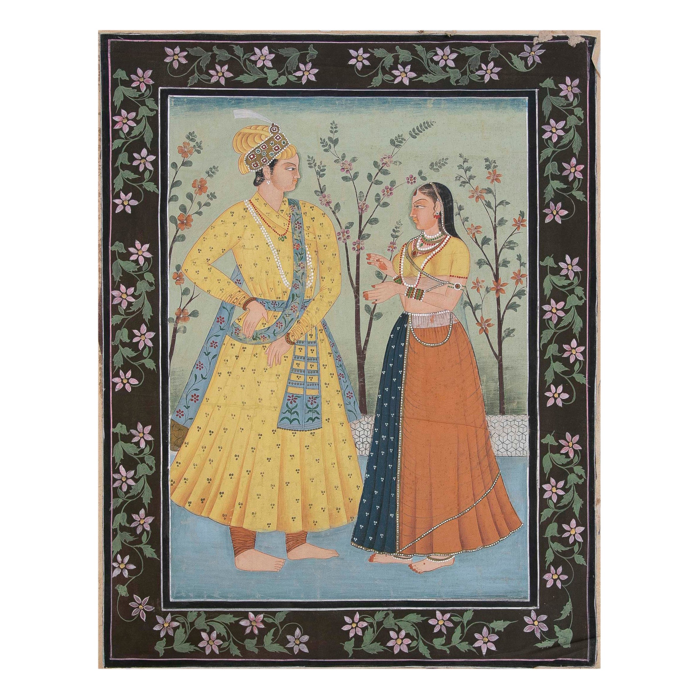 1950s Mughal Painted Cloth with Courtesan Couple in Floral Garden, India. For Sale