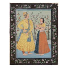 1950s Mughal Painted Cloth with Courtesan Couple in Floral Garden, India.