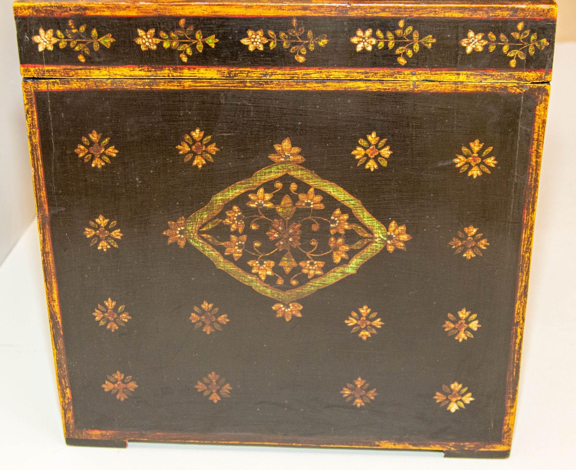 1950s Mughal Style Folk Art Lacquer Hand Painted Decorative Storage Trunks 9