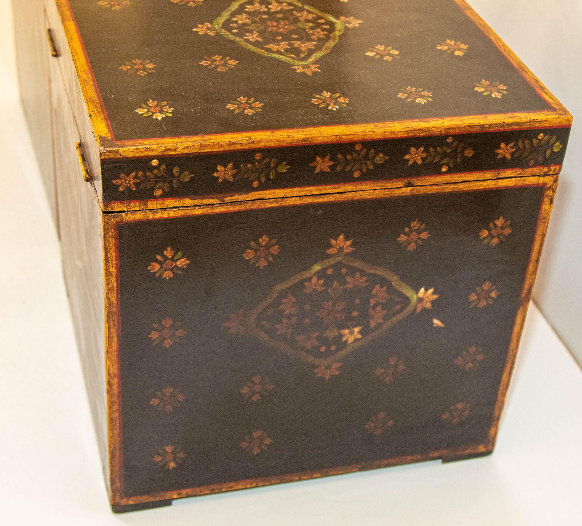 1950s Mughal Style Folk Art Lacquer Hand Painted Decorative Storage Trunks 10