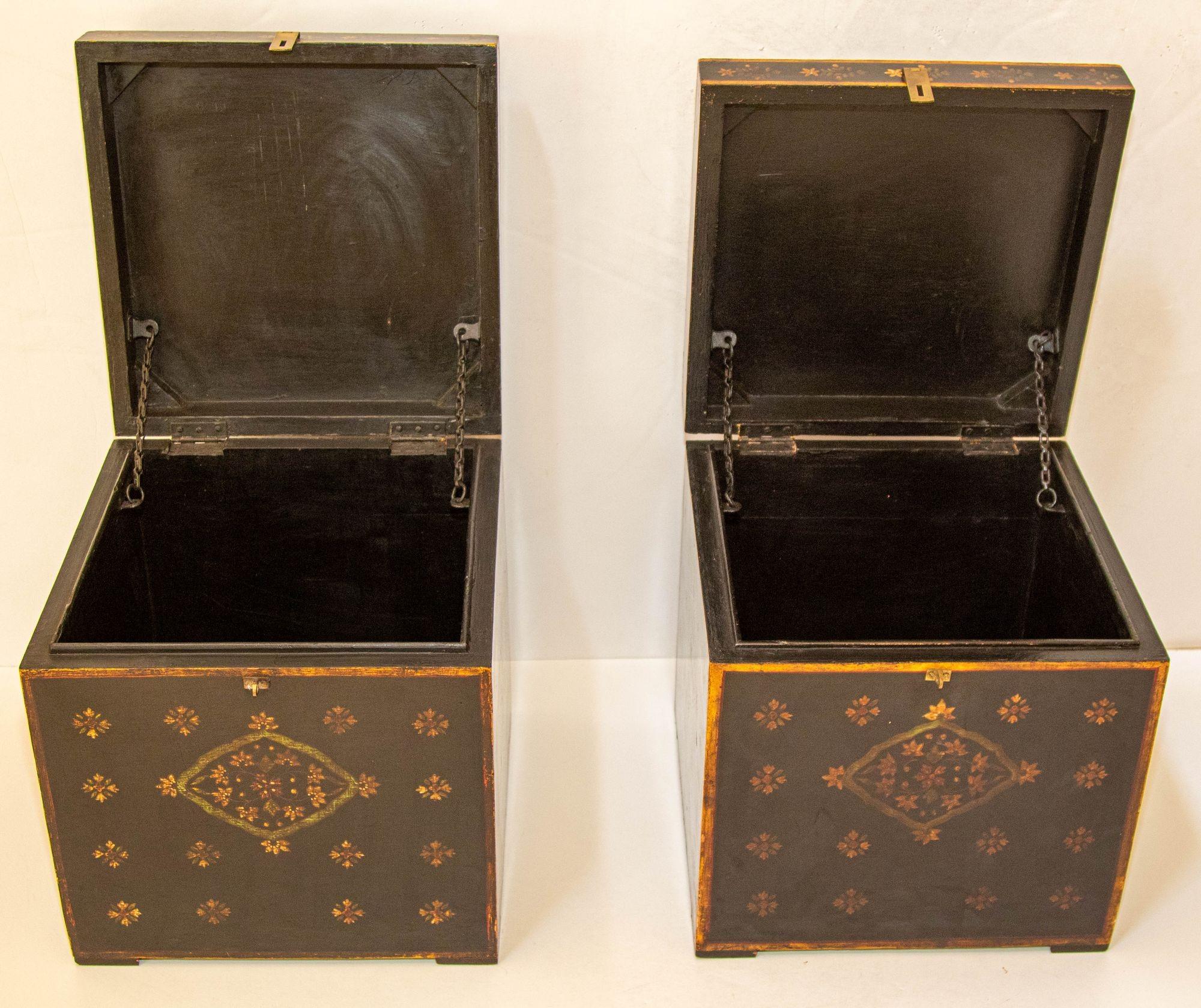 Hand-Crafted 1950s Mughal Style Folk Art Lacquer Hand Painted Decorative Storage Trunks