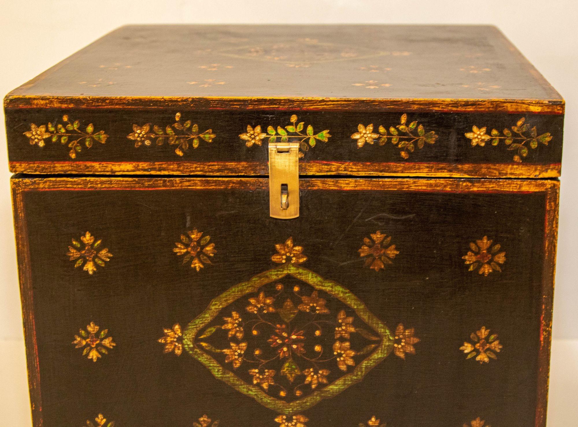 20th Century 1950s Mughal Style Folk Art Lacquer Hand Painted Decorative Storage Trunks
