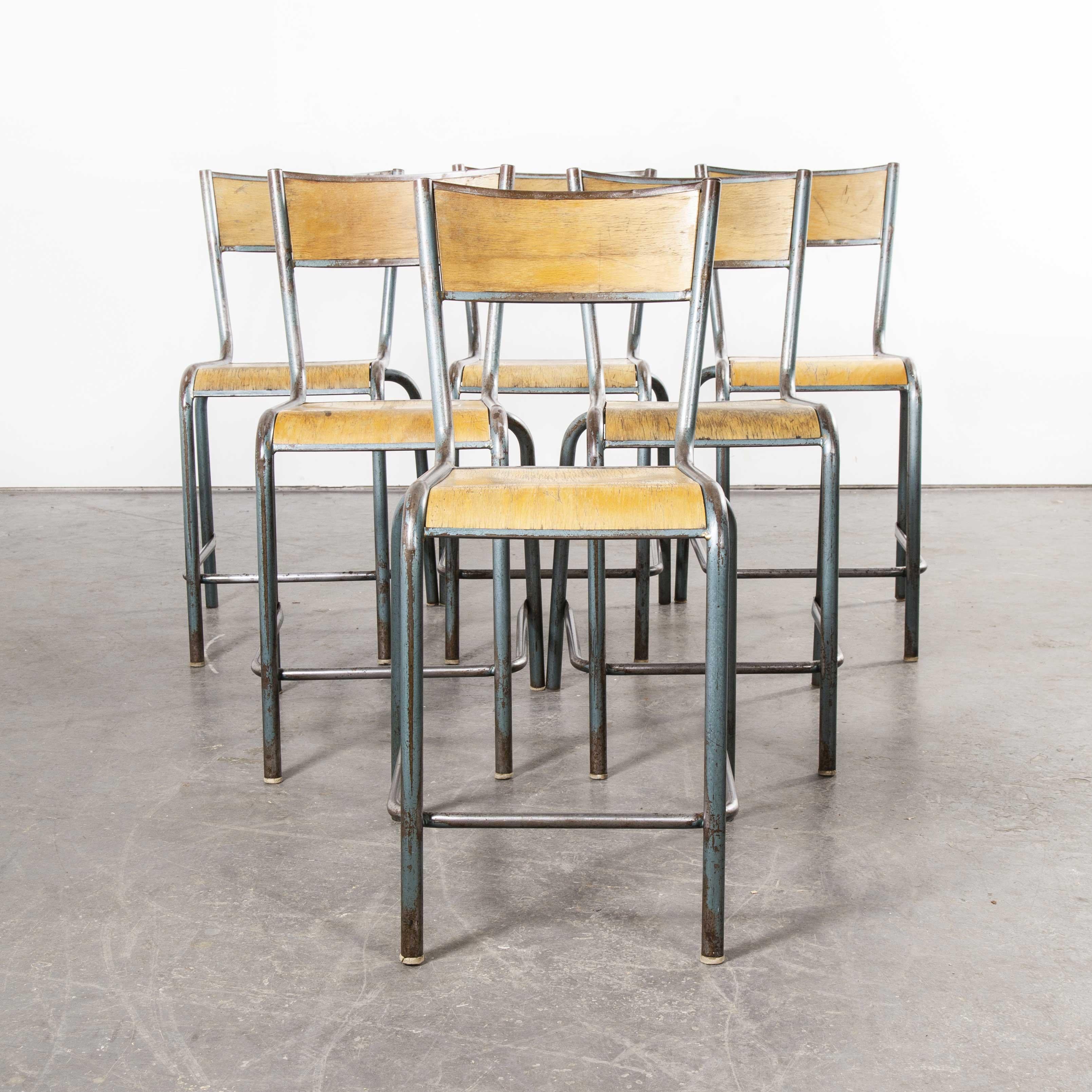 French 1950s Mullca High Laboratory Stacking Dining Chairs, Bar Stools, Set of Six