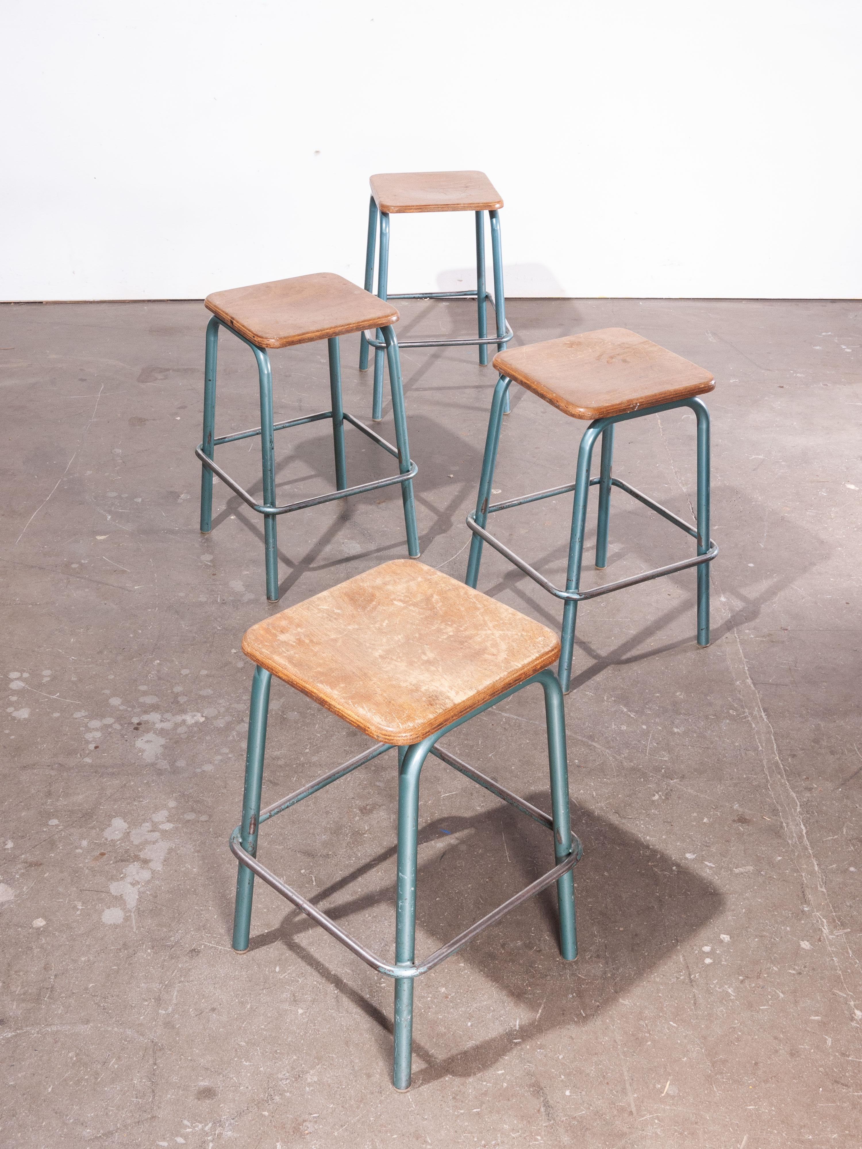 1950s Mullca industrial French stacking high stools, set of four, other quantities available.
1950s vintage Mullca industrial French stacking high stools, set of four, other quantities available. We are huge fans of the French company Mullca and