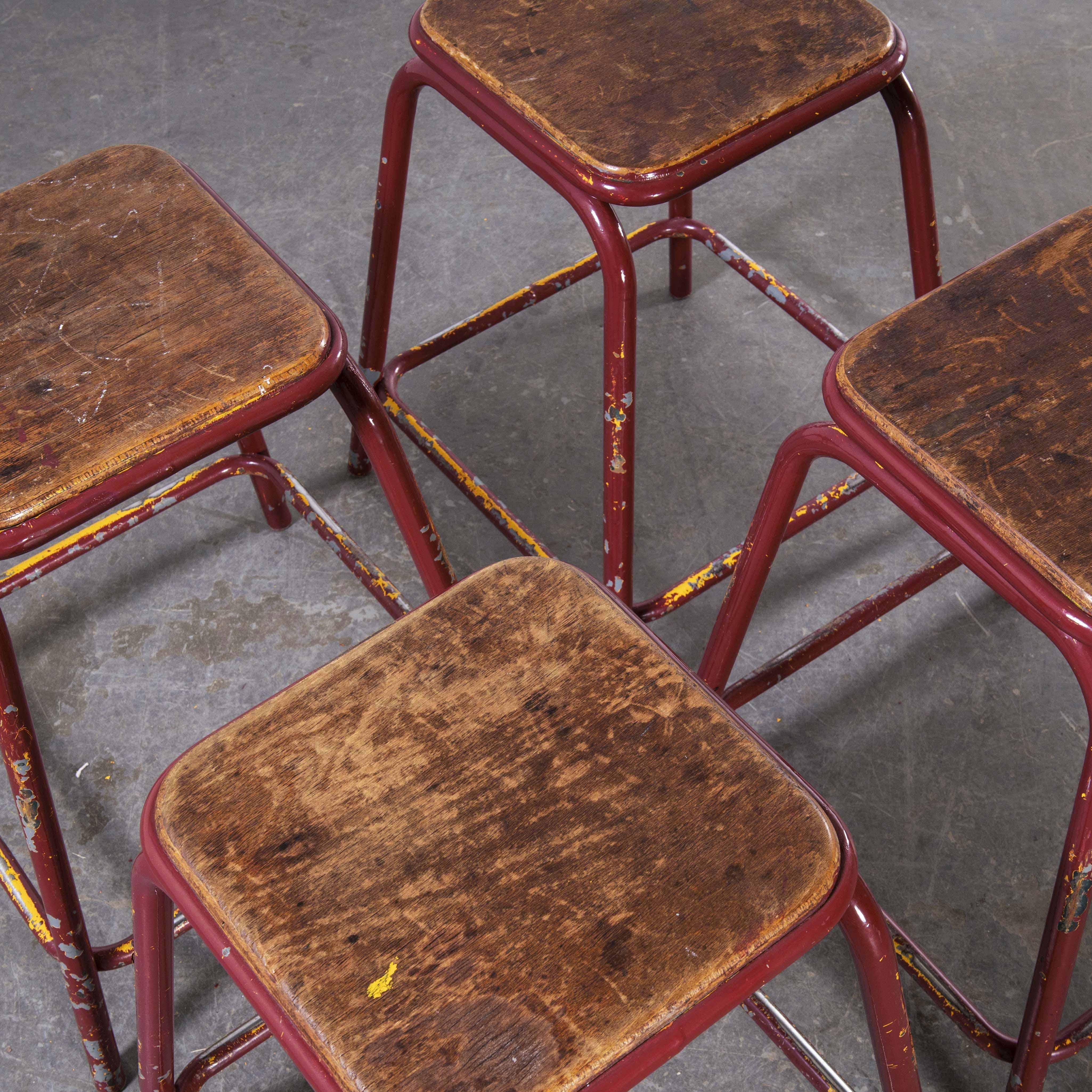 Mid-20th Century 1950’s Mullca Industrial French Stacking Red Stools, Set of Four