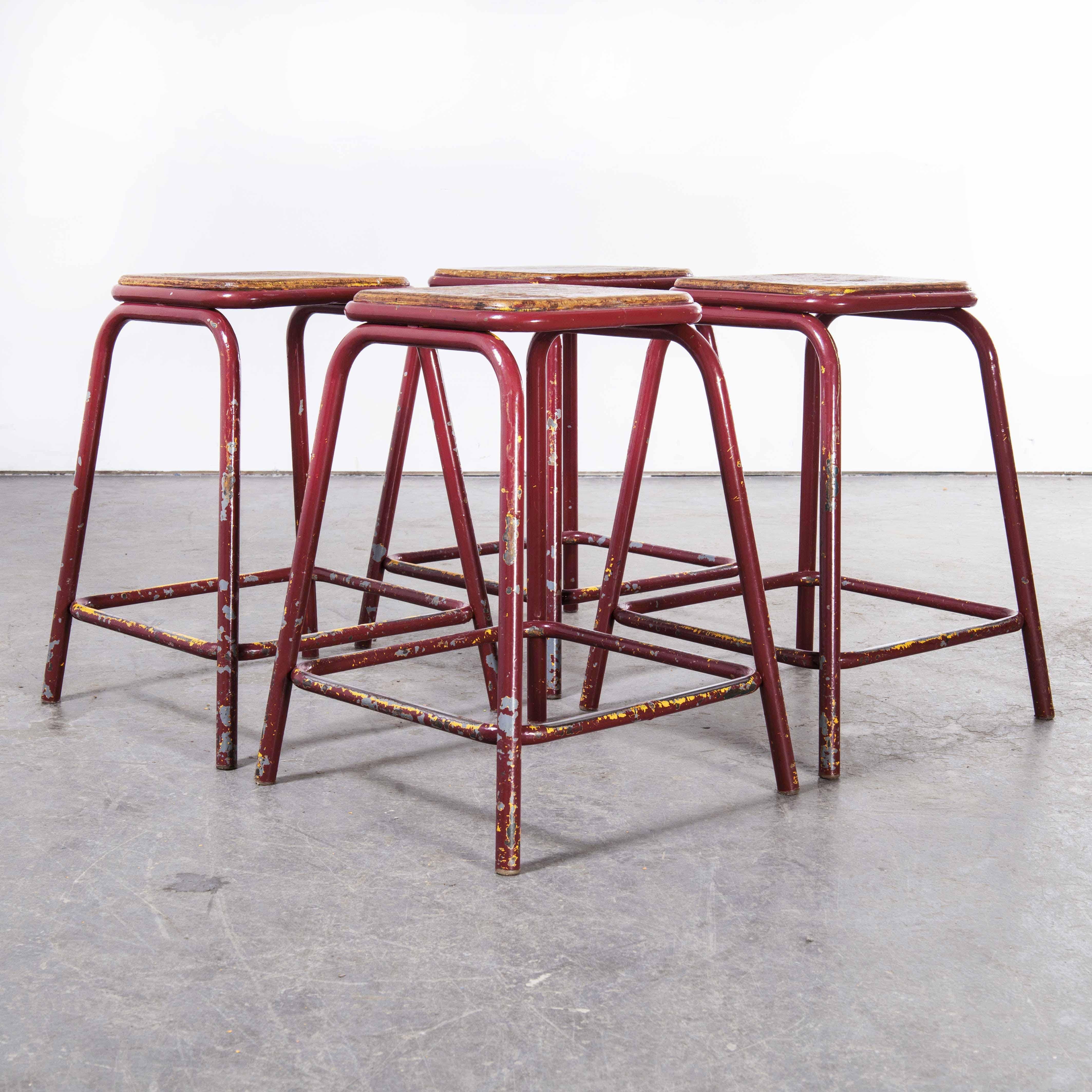 Birch 1950’s Mullca Industrial French Stacking Red Stools, Set of Four