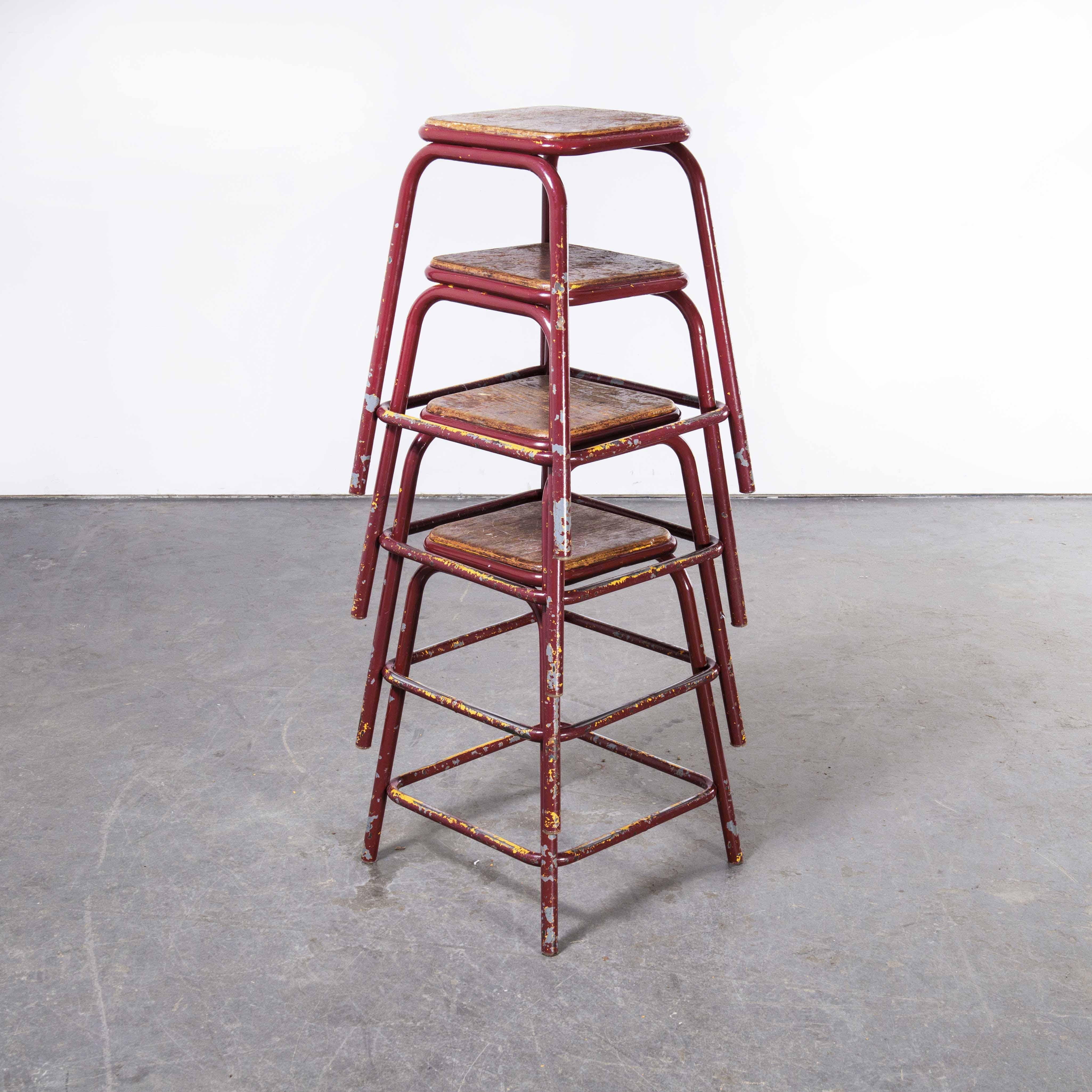 1950’s Mullca Industrial French Stacking Red Stools, Set of Four 1