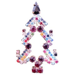 1950's Multi Color Rhinestone Christmas Tree Pin Brooch