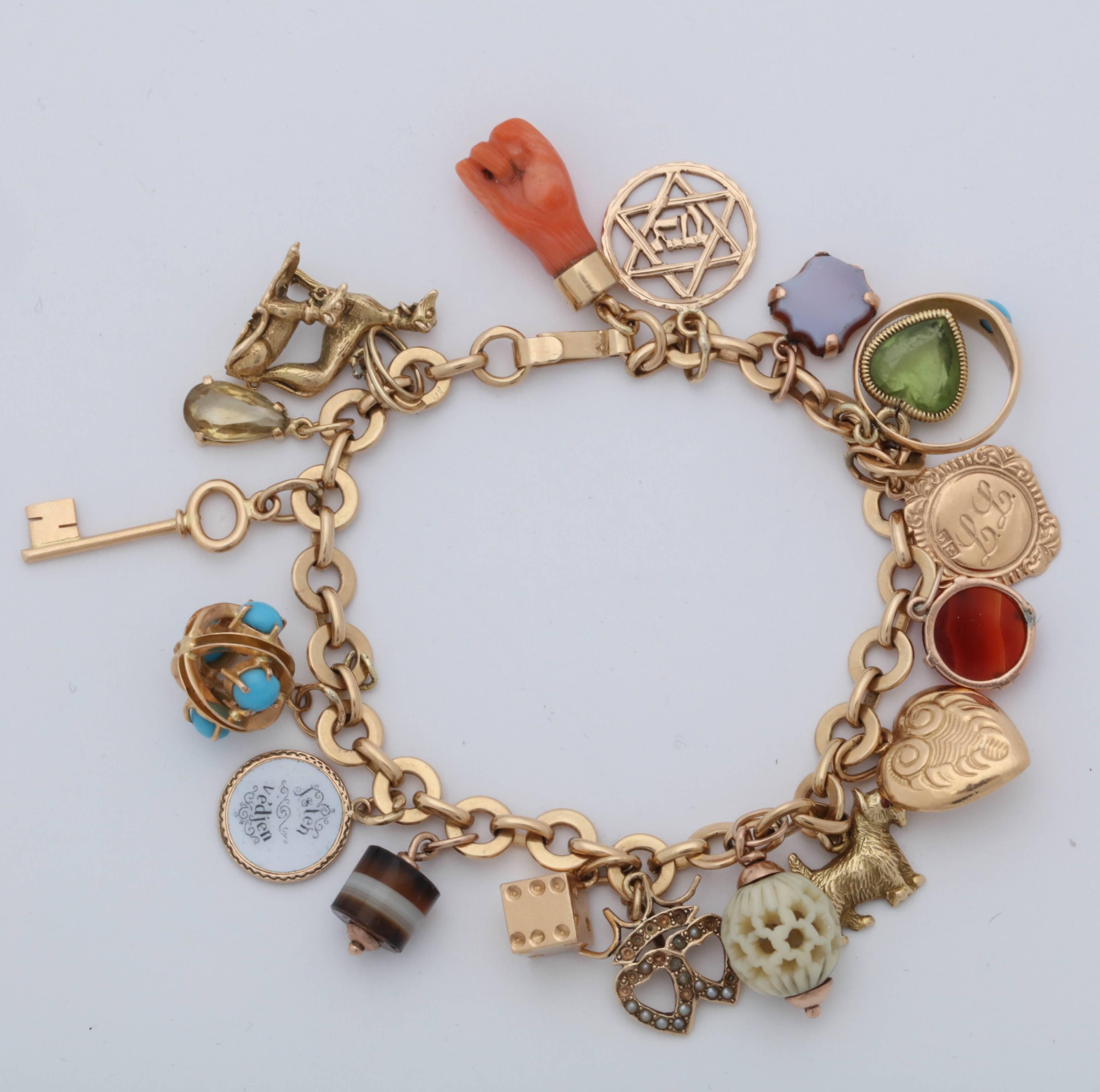 One Ladies 14kt Gold Chain Link Bracelet Designed With Twenty Darling Small Charms. Several Jewel Encrusted Heart Charms, Gold Doggie Charms,One Lucky Carved Coral Hand Charm. Two Jewel Encrusted Sphere Charms And A Lucky Roll of The Dice Charm And