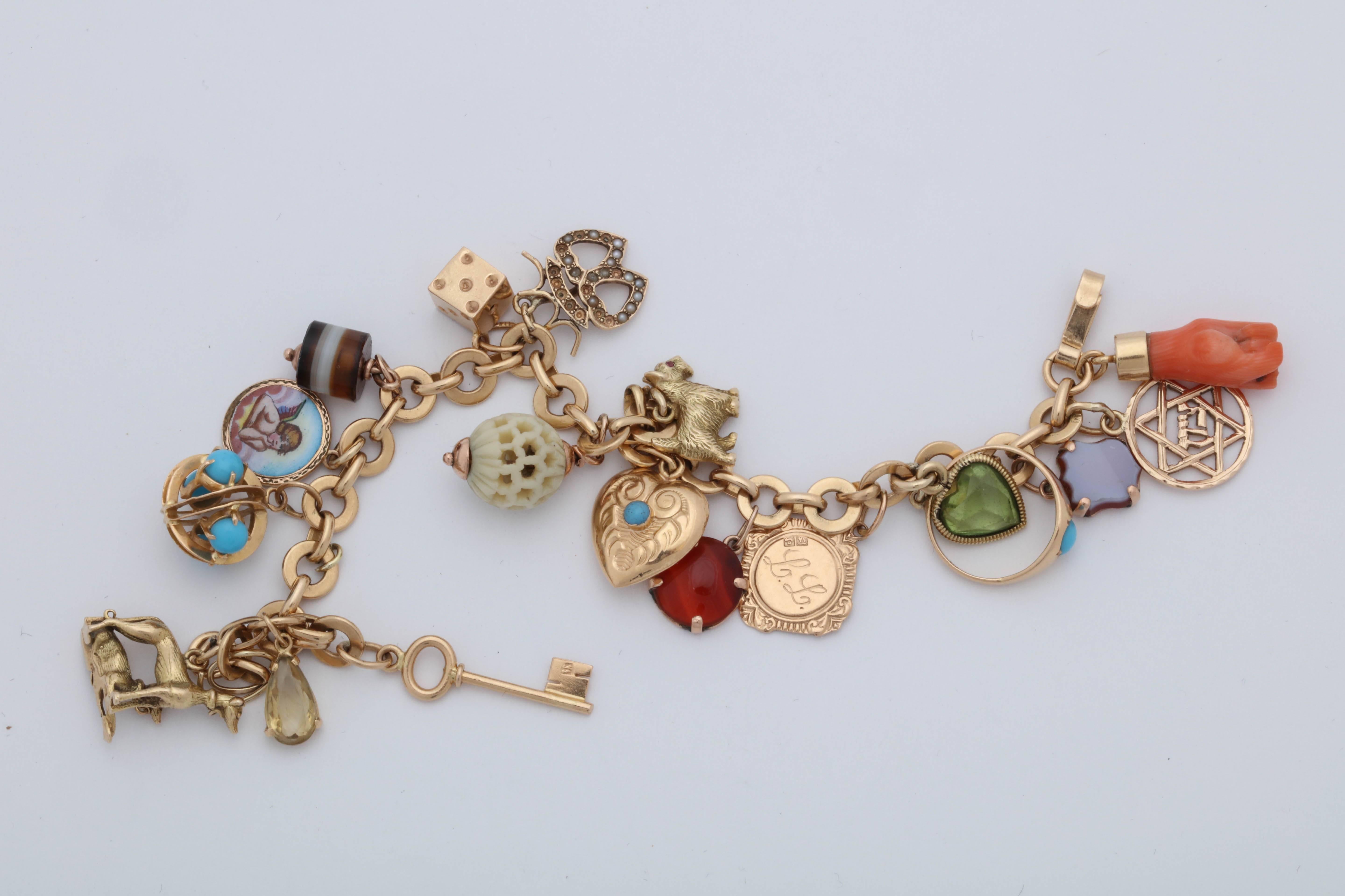 Women's 1950s Multicolored Stones 20 Lucky Charms Gold Link Bracelet