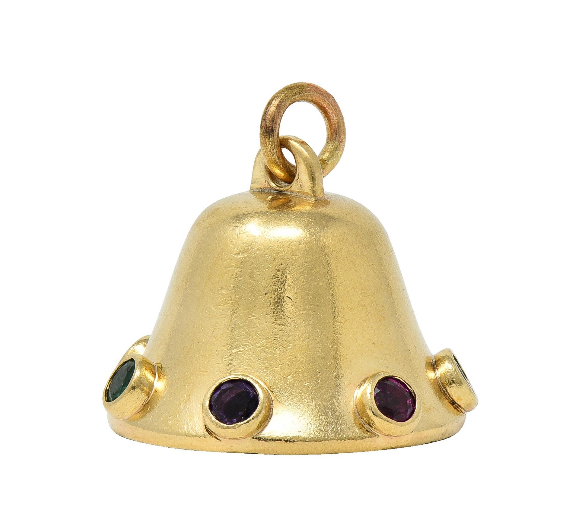 Moderne Breloque vintage en or jaune 14 carats à motif de cloche acrostique multi-gemmes des années 1950 en vente