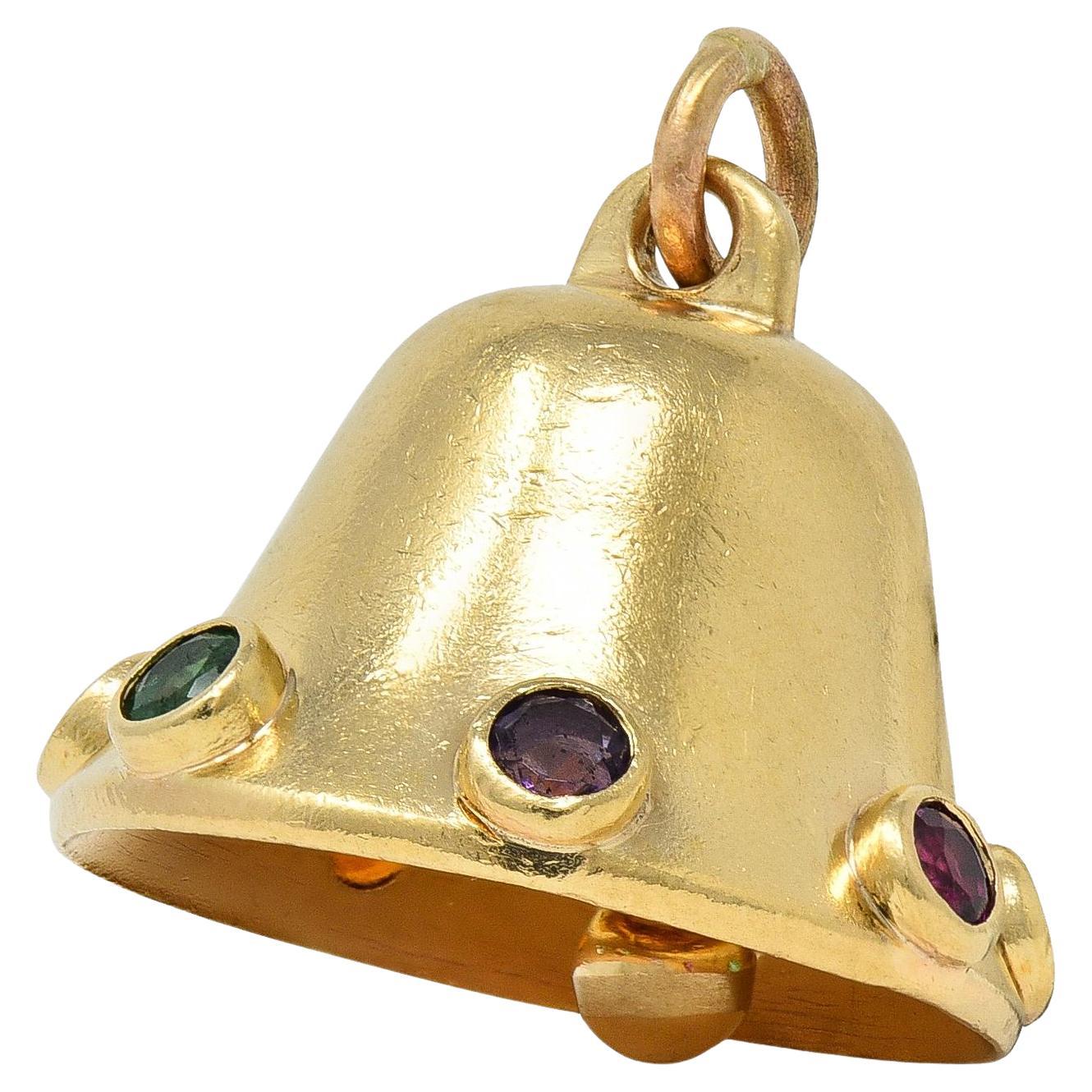 1950's Multi-Gem 14 Karat Yellow Gold Motif Vintage Dearest Acrostic Bell Charm