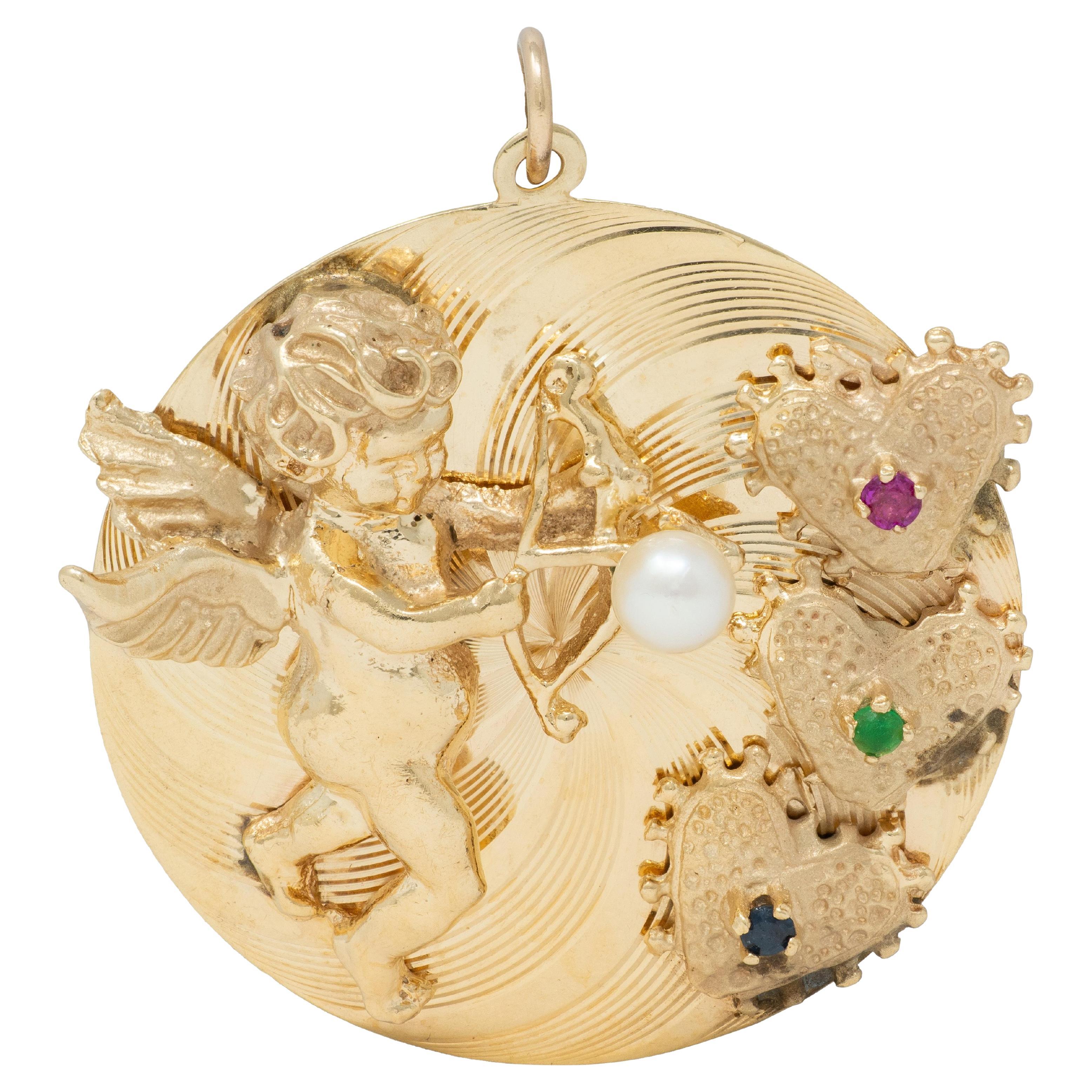 1950's Multi-Gem 14 Karat Yellow Gold Vintage Cupid Pendant Charm For Sale