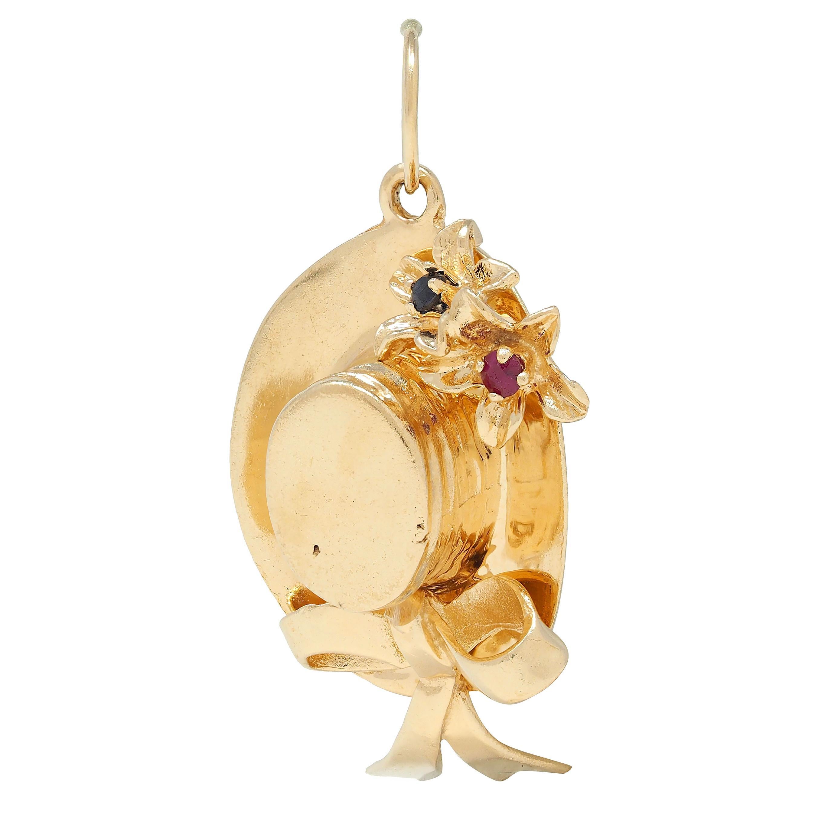 Modern 1950's Multi-Gem 14 Karat Yellow Gold Vintage Sun Hat Pendant Charm For Sale