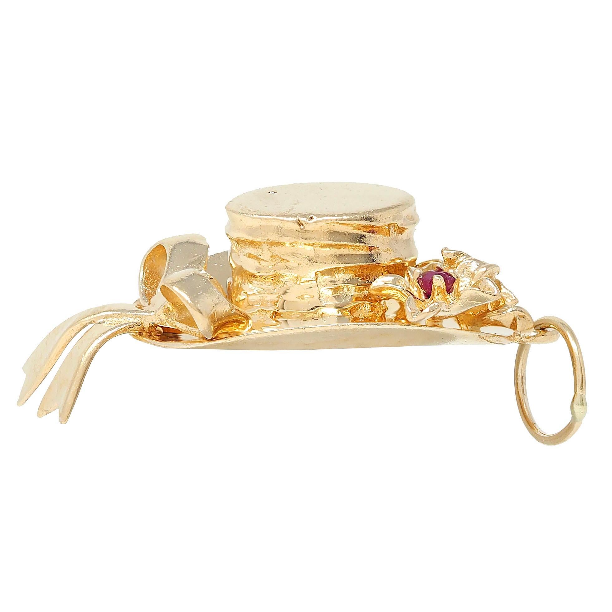 Round Cut 1950's Multi-Gem 14 Karat Yellow Gold Vintage Sun Hat Pendant Charm For Sale