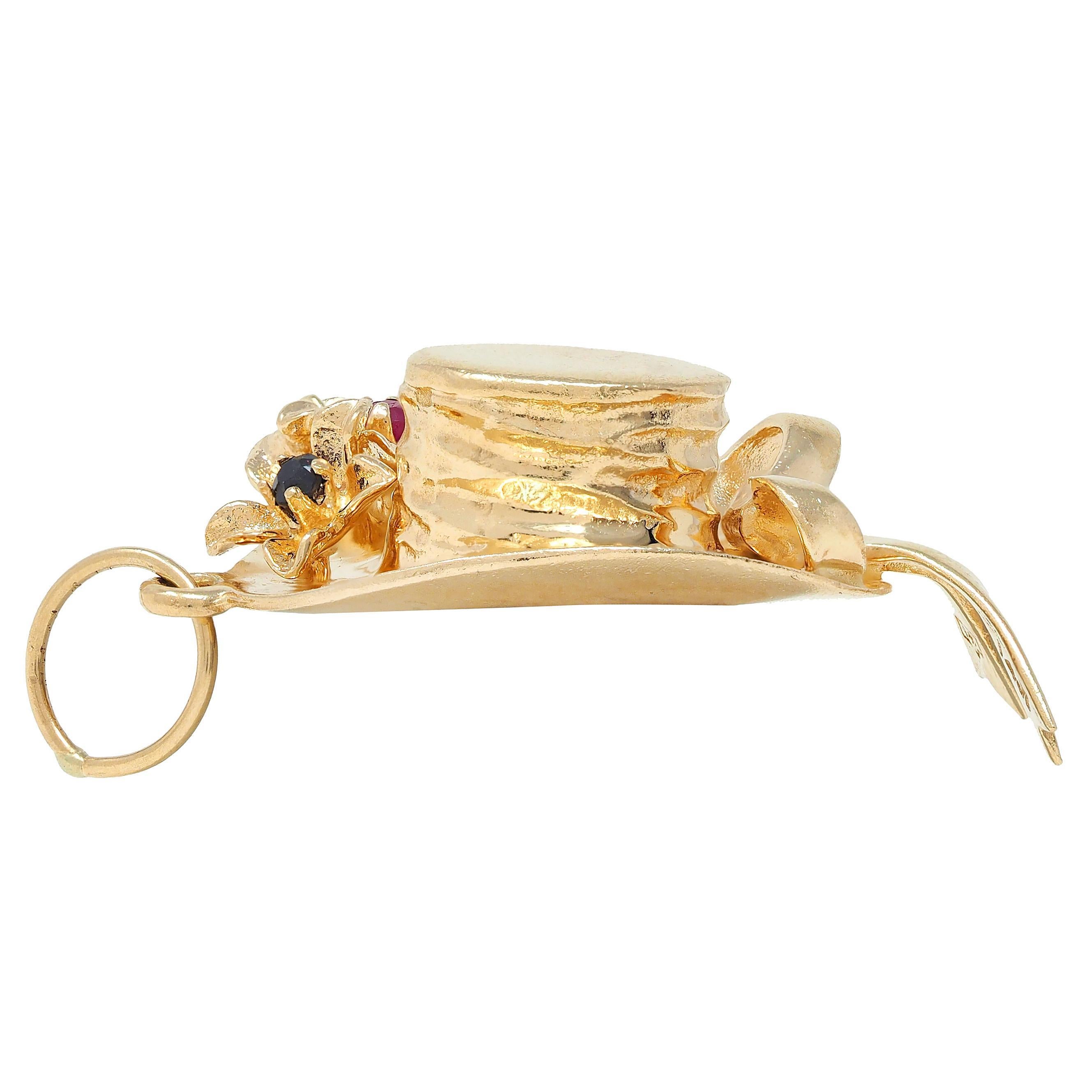 1950's Multi-Gem 14 Karat Yellow Gold Vintage Sun Hat Pendant Charm In Excellent Condition For Sale In Philadelphia, PA