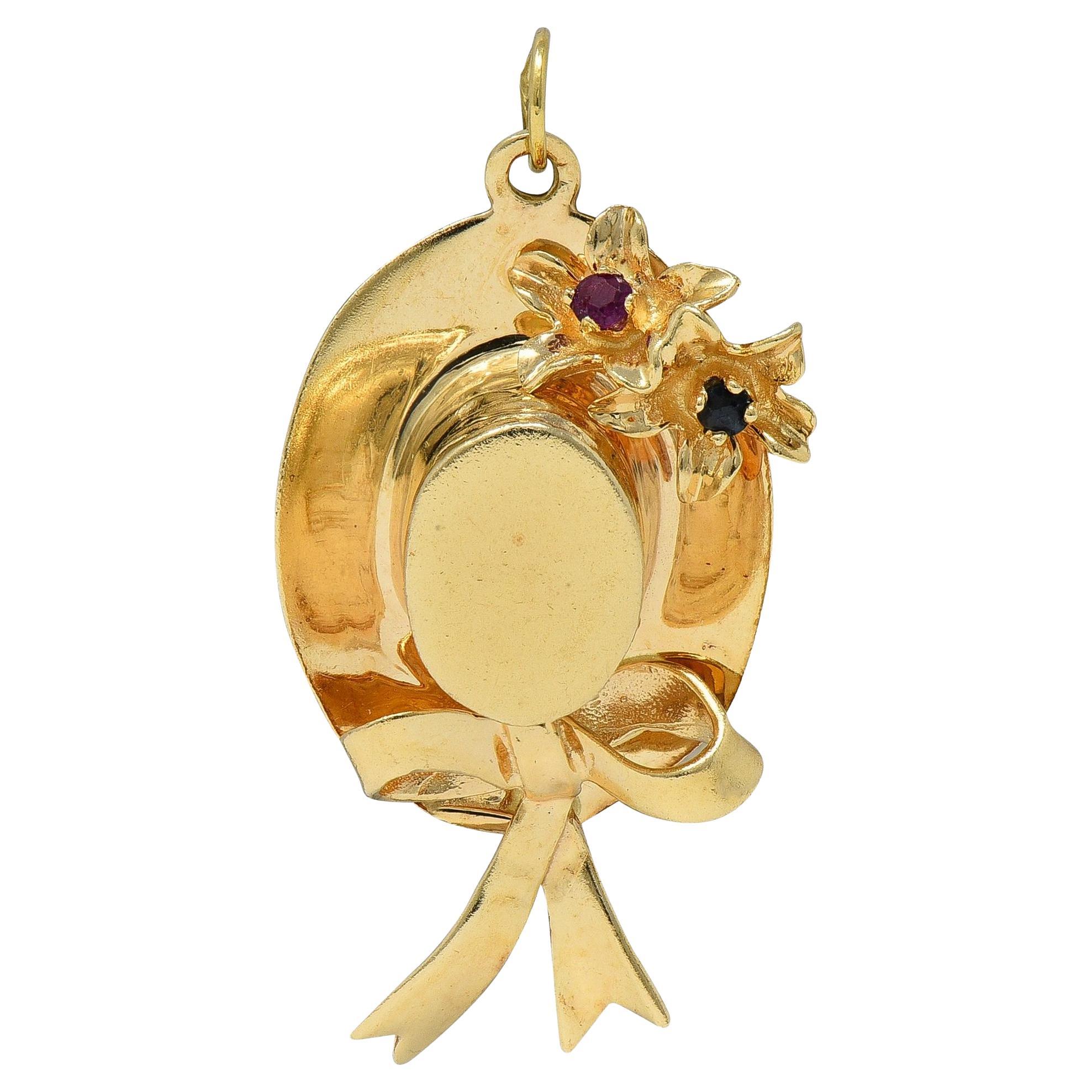 1950's Multi-Gem 14 Karat Yellow Gold Vintage Sun Hat Pendant Charm