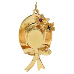 1950's Multi-Gem 14 Karat Yellow Gold Vintage Sun Hat Pendant Charm