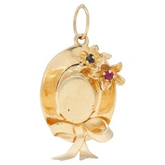 1950's Multi-Gem 14 Karat Yellow Gold Vintage Sun Hat Pendant Charm