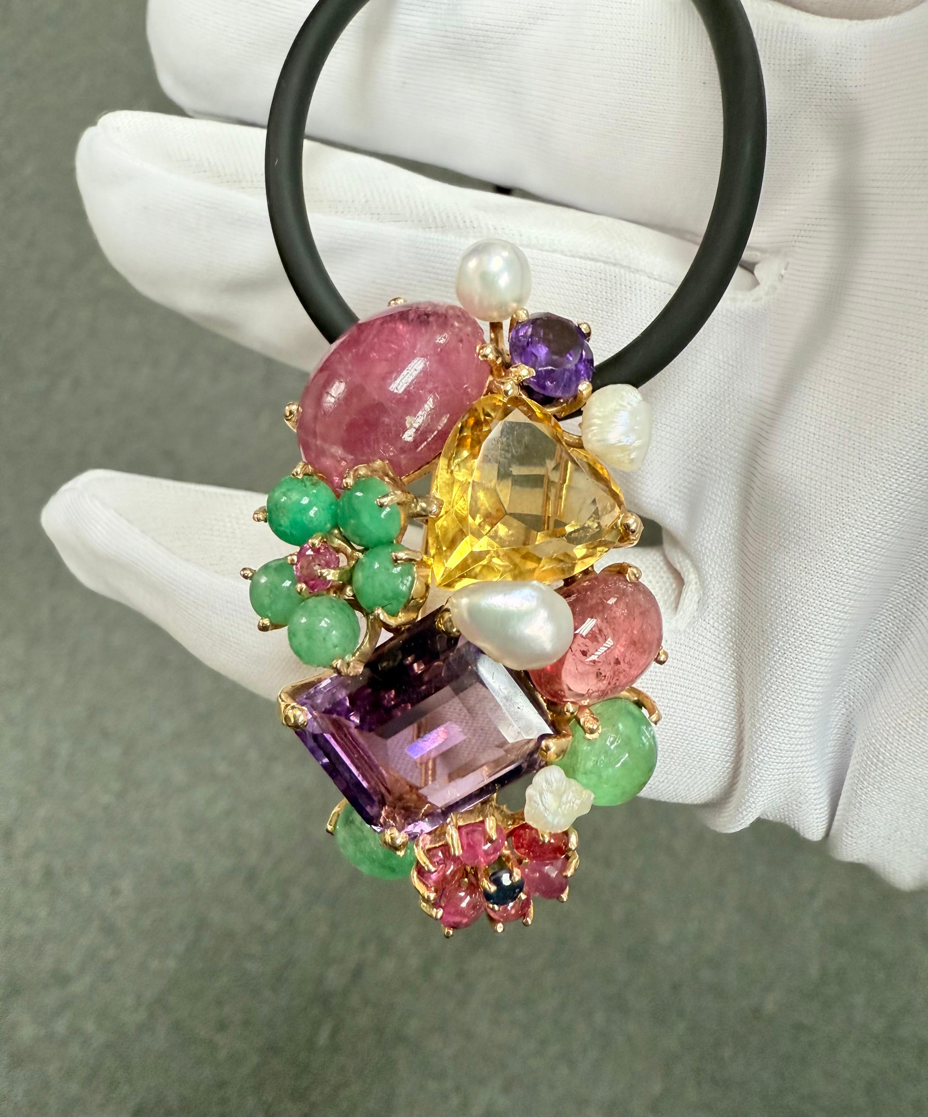 1950s Multi Gem 14k Yellow Gold Brooch Pendant For Sale 4