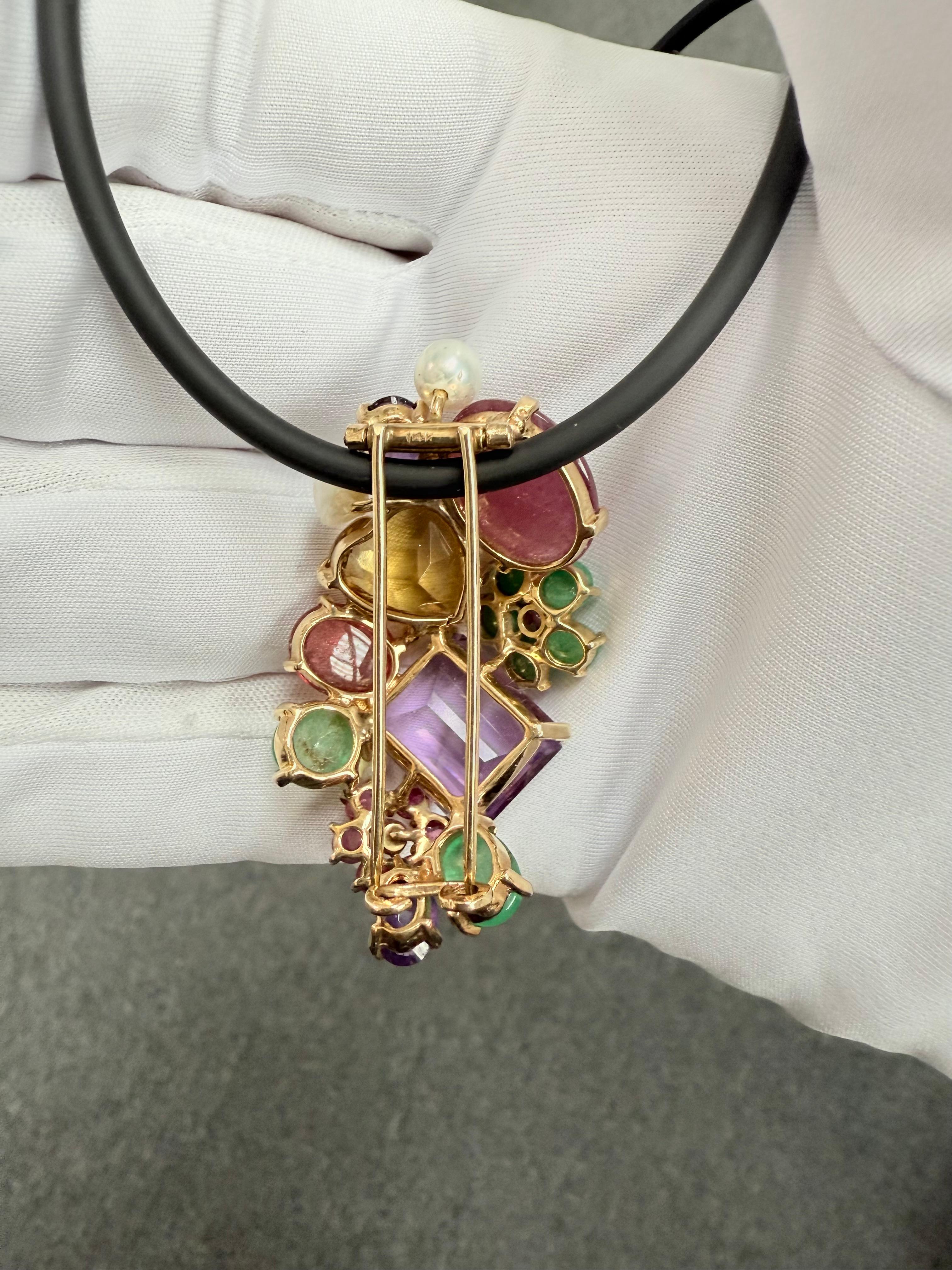 1950s Multi Gem 14k Yellow Gold Brooch Pendant For Sale 5