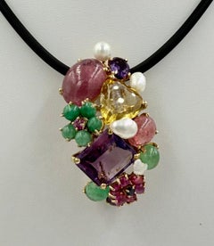 1950s Multi Gem 14k Yellow Gold Brooch Pendant