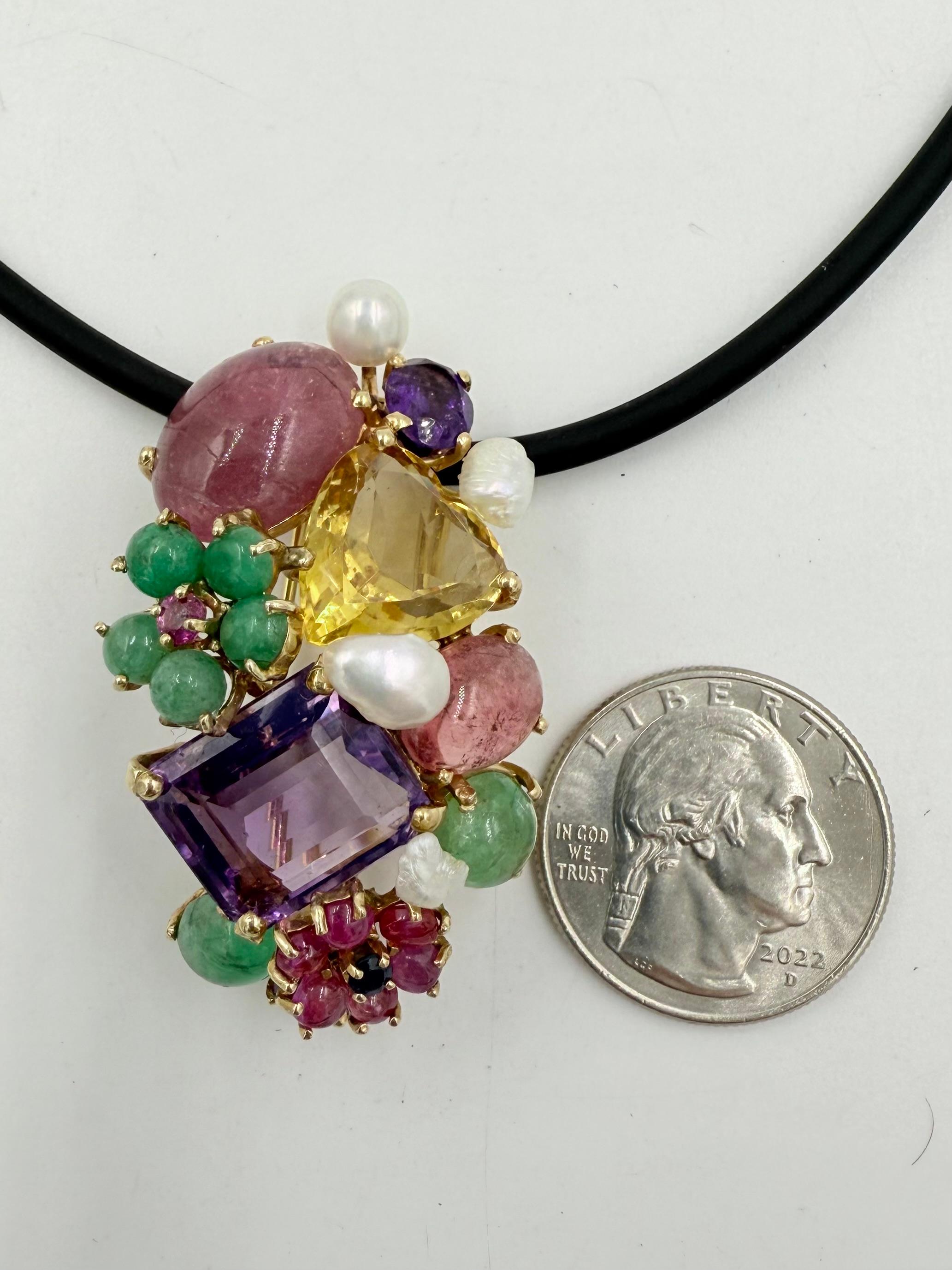 Modern 1950s Multi Gem 14k Yellow Gold Brooch Pendant For Sale