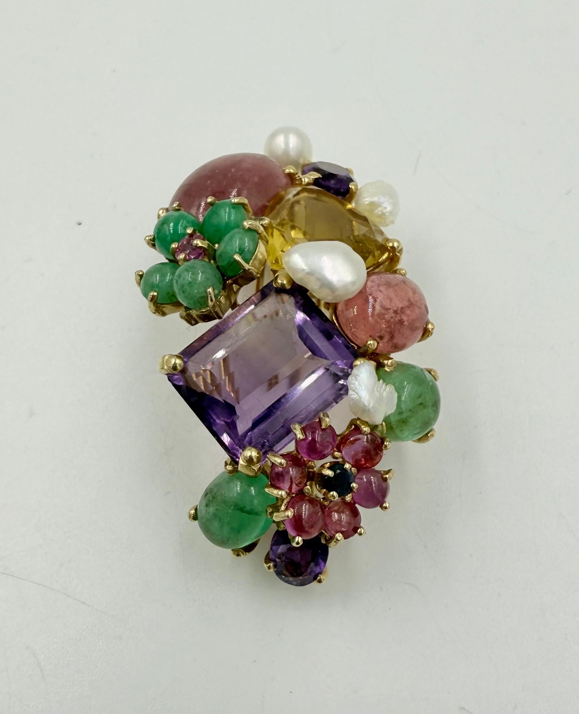 1950s Multi Gem 14k Yellow Gold Brooch Pendant For Sale 1