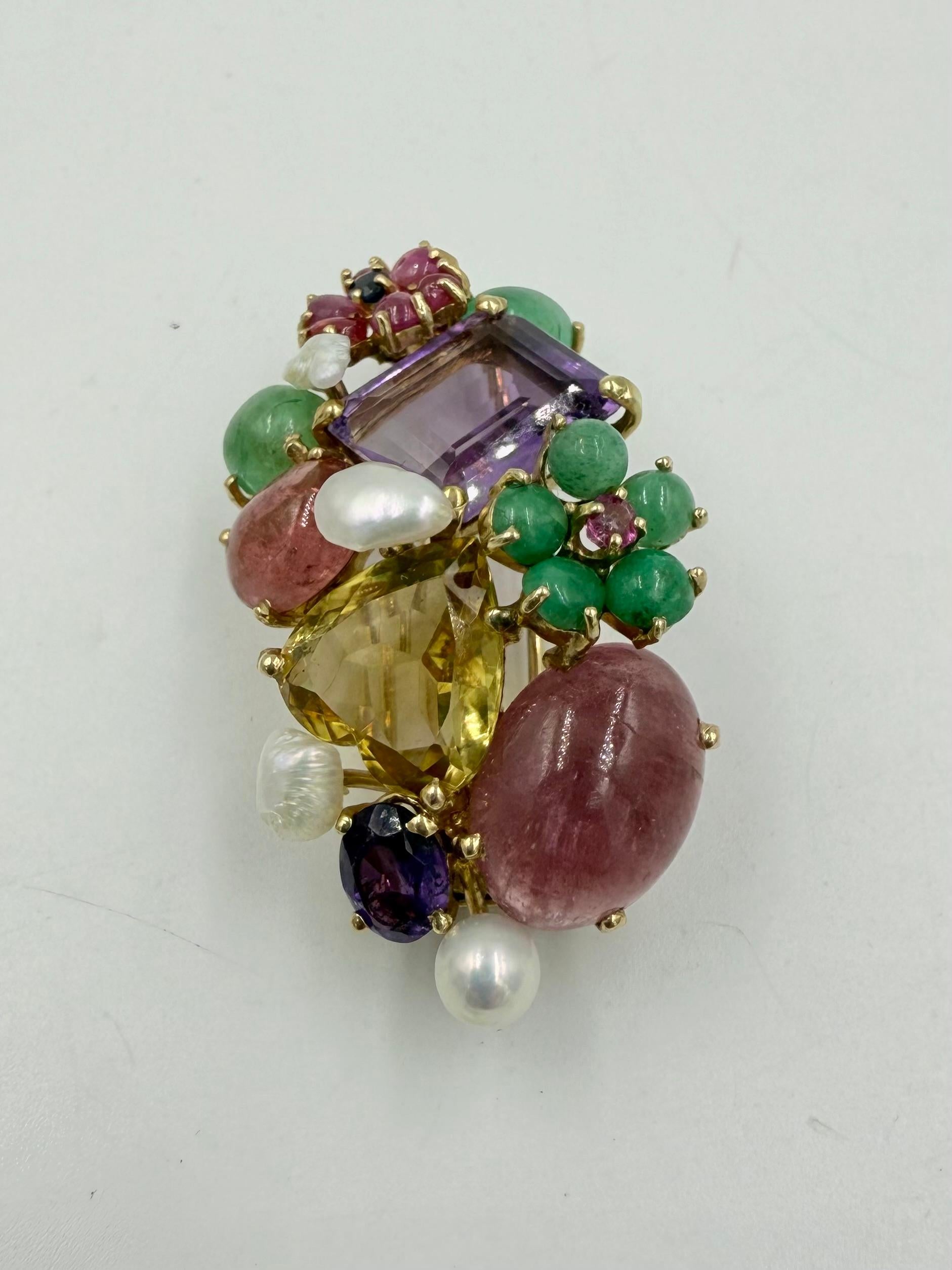 1950s Multi Gem 14k Yellow Gold Brooch Pendant For Sale 2