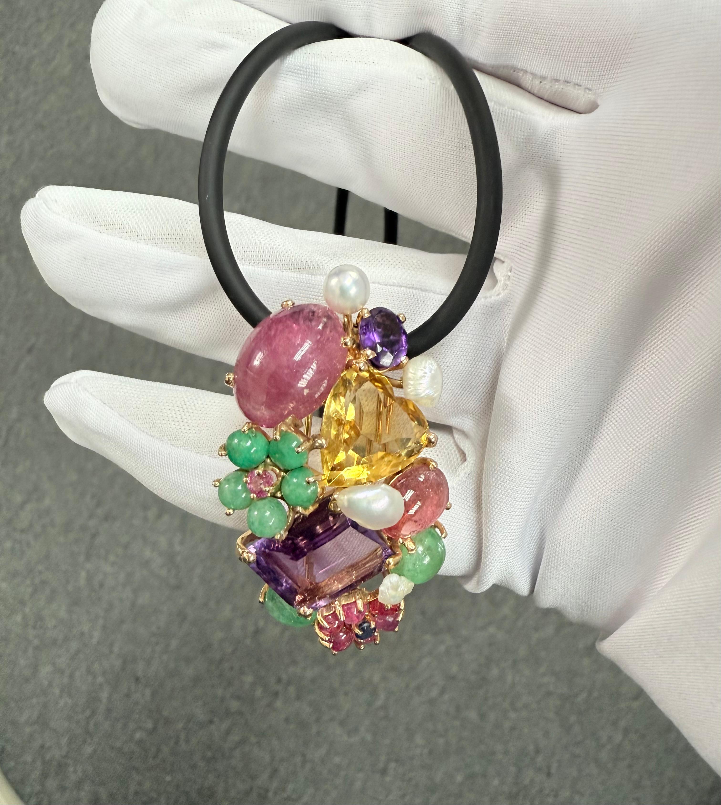 1950s Multi Gem 14k Yellow Gold Brooch Pendant For Sale 3