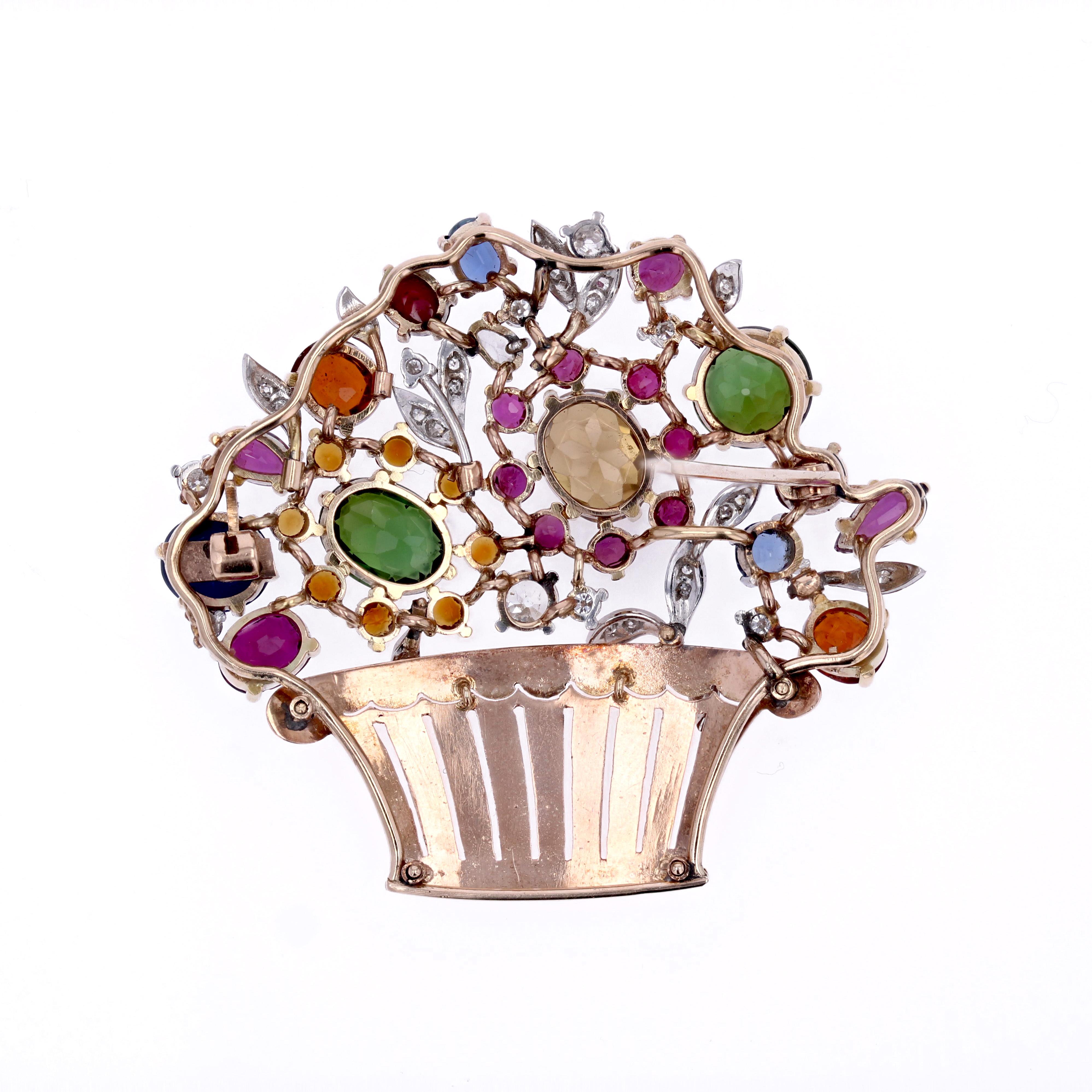 1950s Multi Precious Stones Rose Gold Tutti Frutti Bouquet Brooch For Sale 6