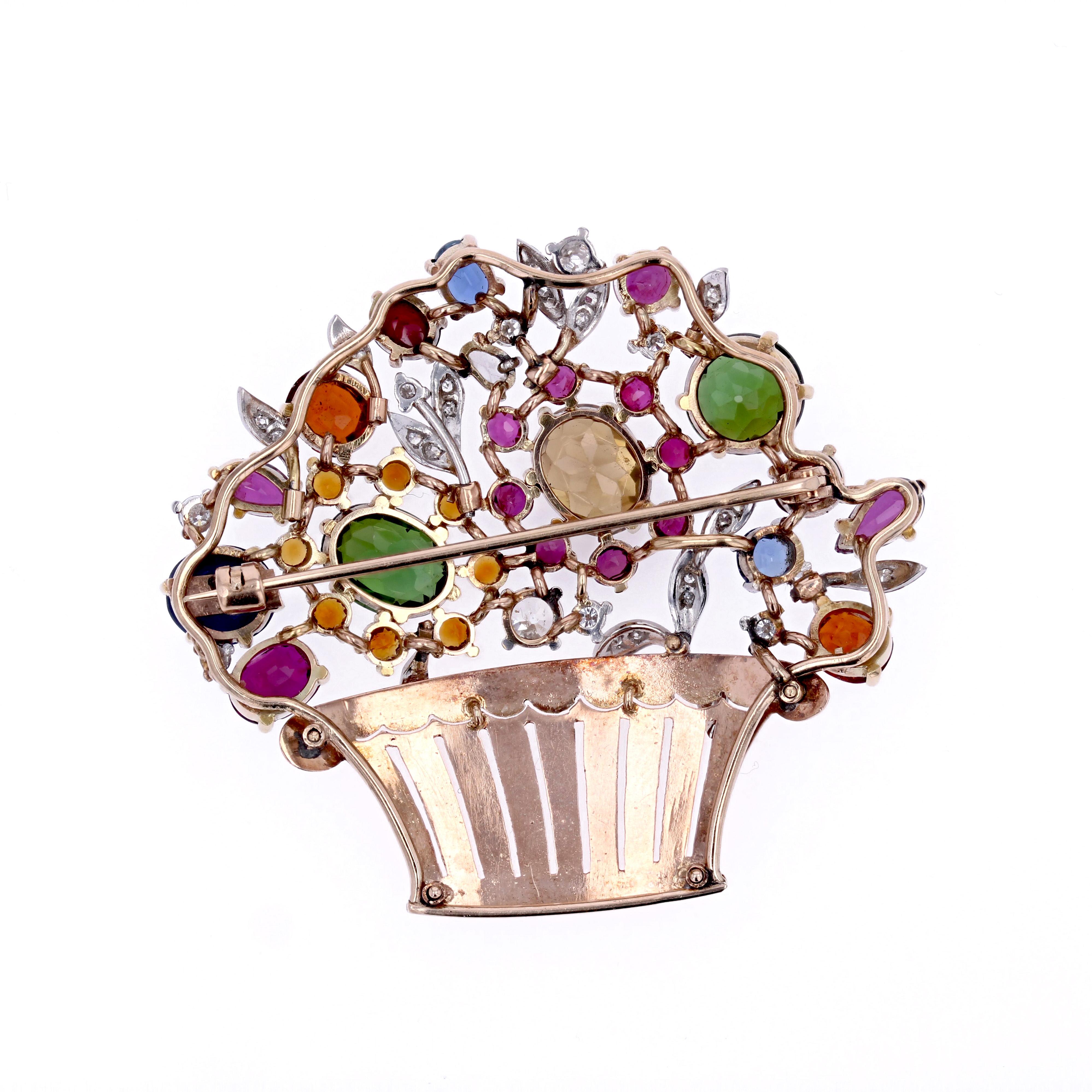 1950s Multi Precious Stones Rose Gold Tutti Frutti Bouquet Brooch For Sale 7