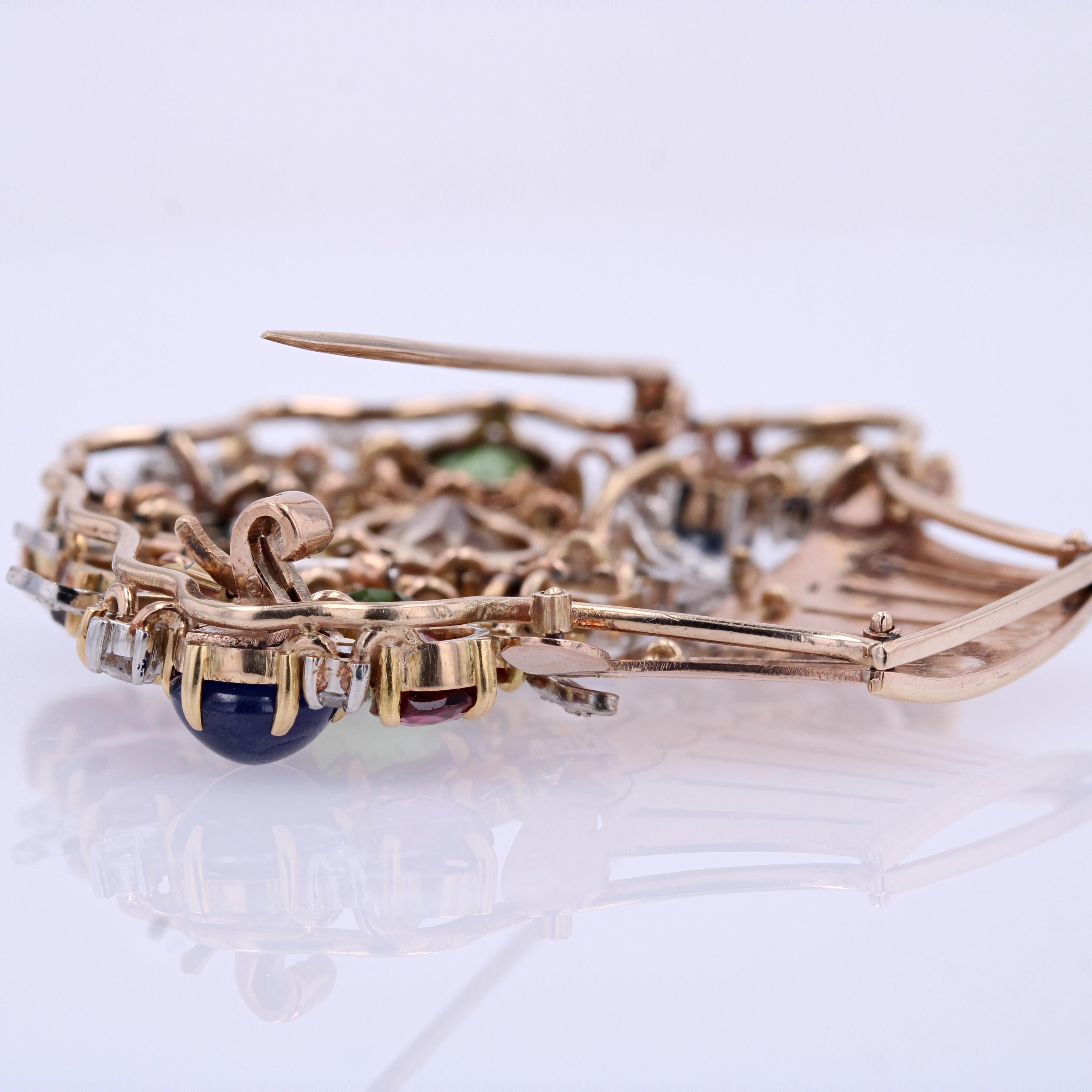 1950s Multi Precious Stones Rose Gold Tutti Frutti Bouquet Brooch For Sale 8