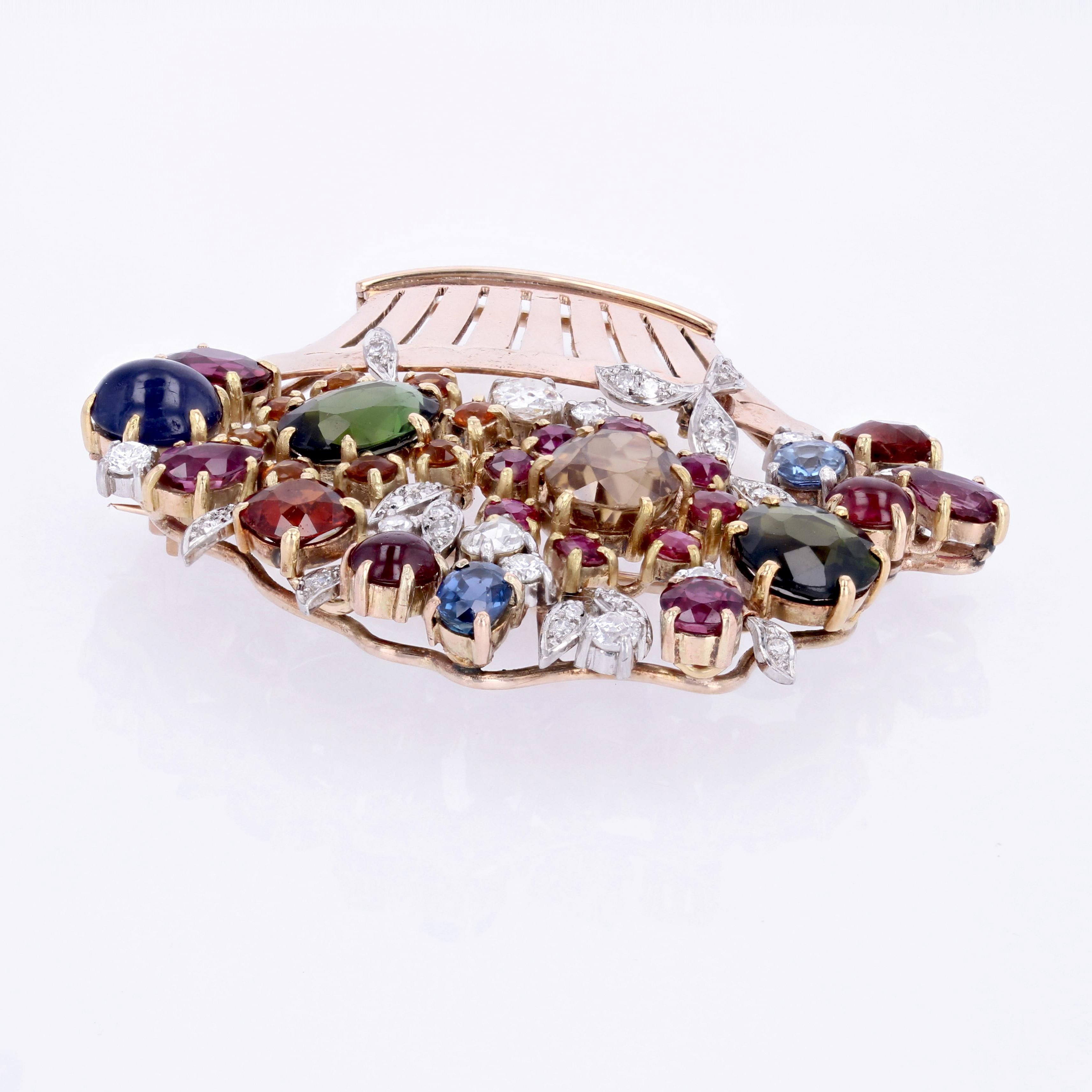 1950s Multi Precious Stones Rose Gold Tutti Frutti Bouquet Brooch For Sale 9