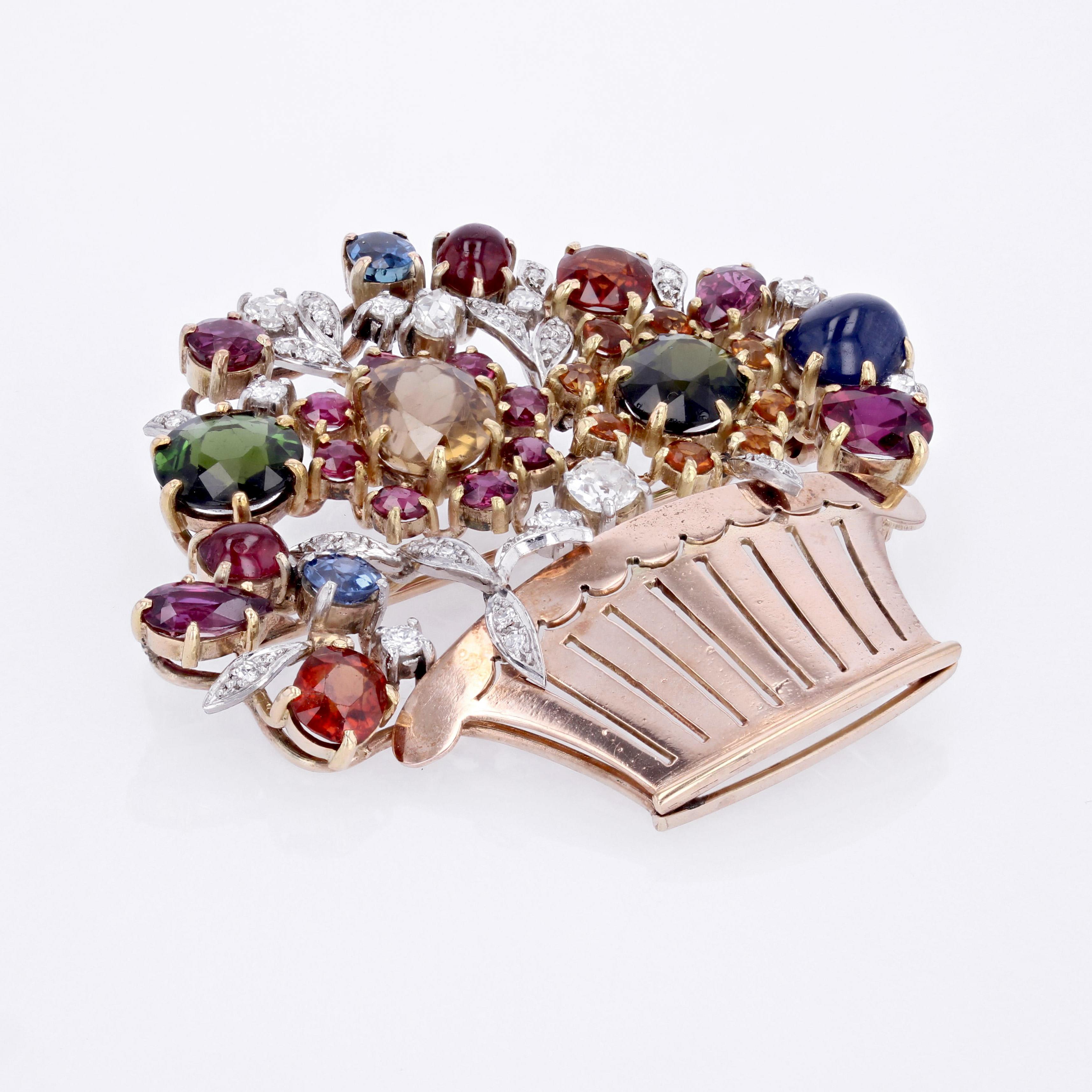 Women's 1950s Multi Precious Stones Rose Gold Tutti Frutti Bouquet Brooch For Sale