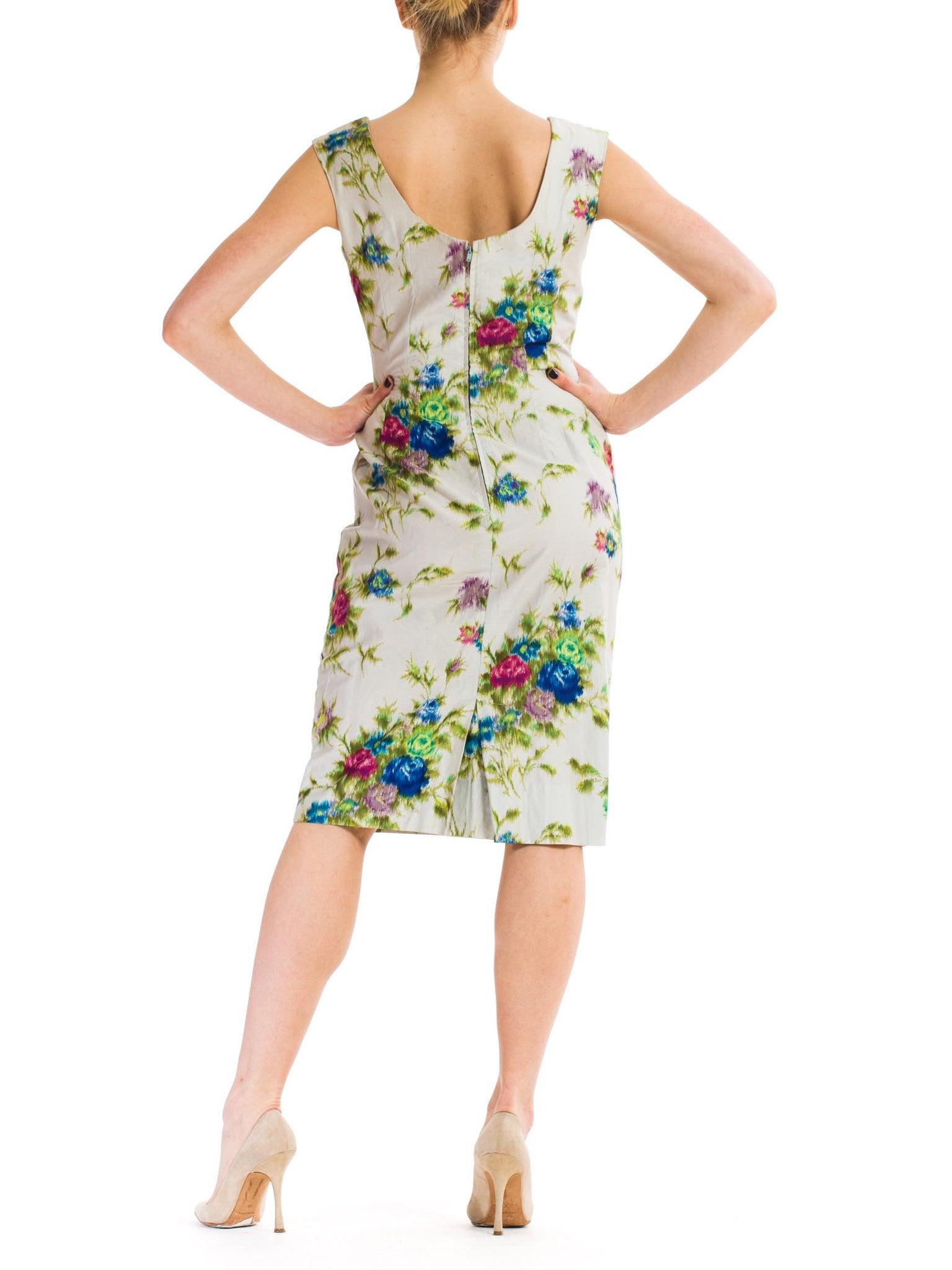 1950S Multicolor Floral Cotton Sateen Draped For Curves Dress For Sale 2