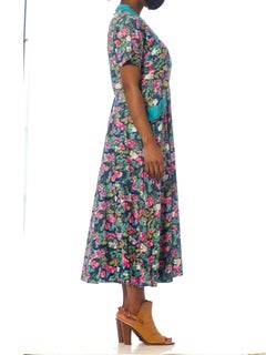 1950S Pink & Blue Floral Cotton Wrap House Dress XL With Pockets!