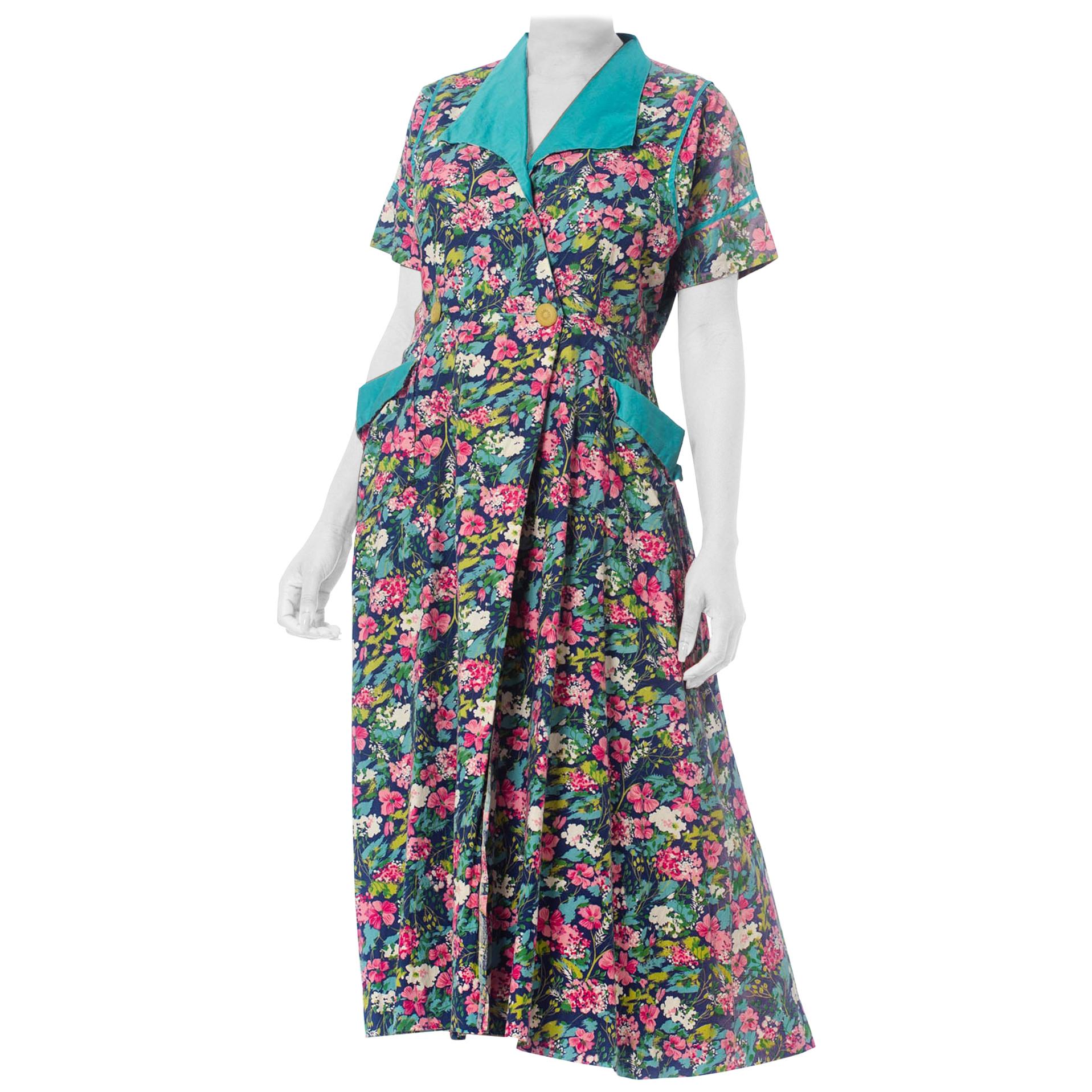 1950S Pink & Blue Floral Cotton Wrap House Dress XL With Pockets! For Sale