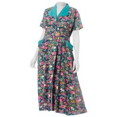 ¡1950S Rosa y Azul Floral Algodón Envoltura Casa Vestido XL Con Bolsillos!