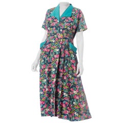 Vintage 1950S Pink & Blue Floral Cotton Wrap House Dress XL With Pockets!